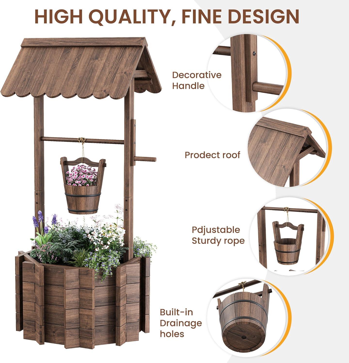 Rustic Brown Fir Wood Hanging Wishing Well Planter