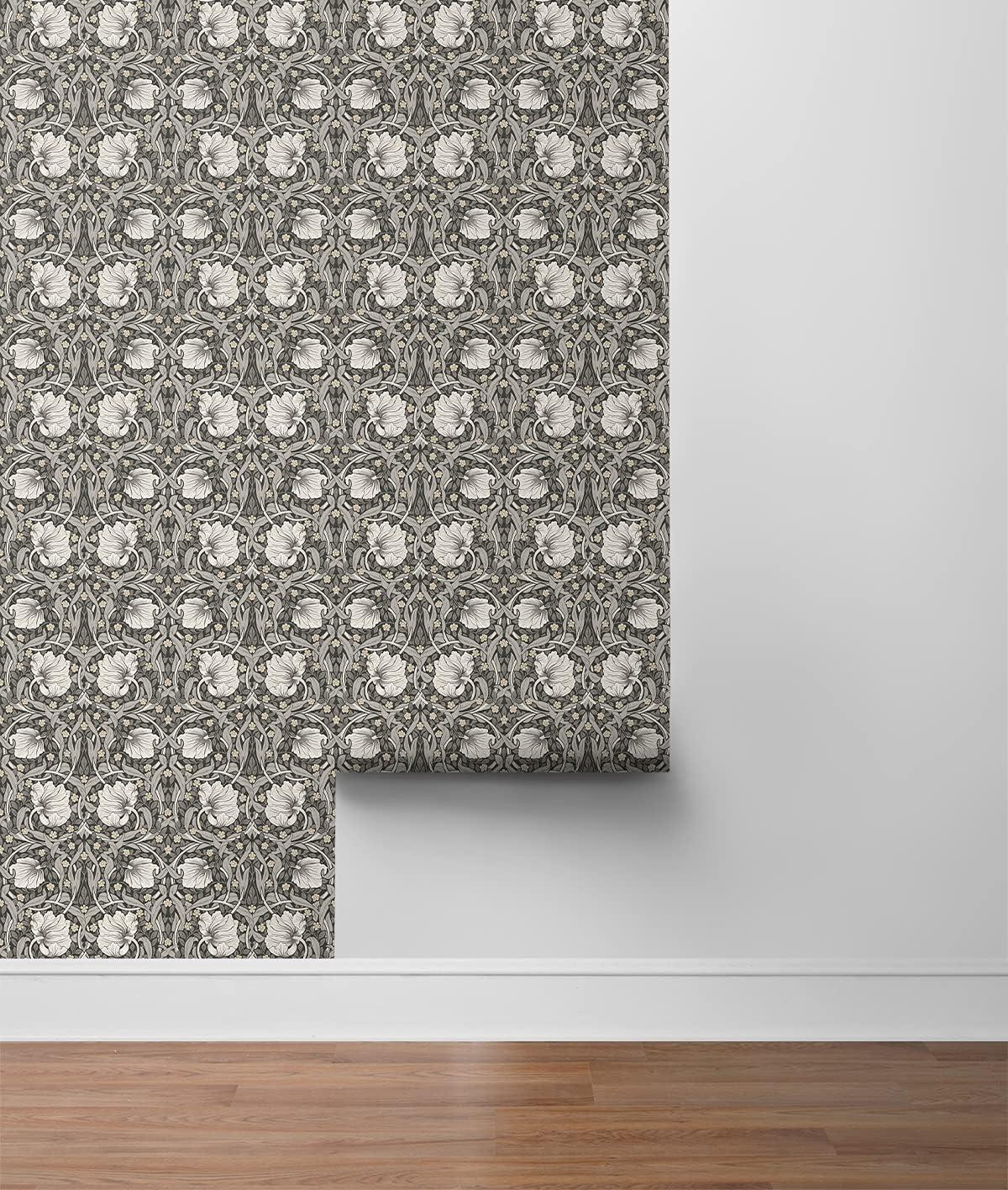 NextWall Charcoal & Pearl Grey Pimpernel Floral Peel and Stick Wallpaper