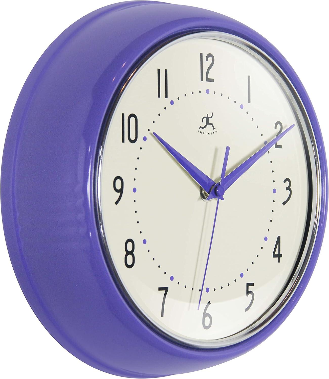 9.5" Retro Round Wall Clock Purple - Infinity Instruments: Indoor Decorative Timepiece for Kitchen