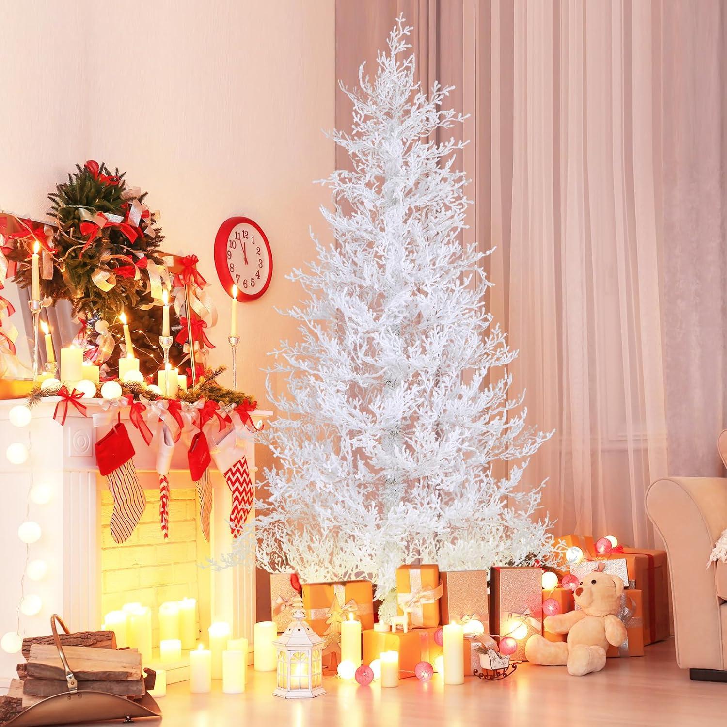 Tangkula 6FT Pre-lit Artificial Xmas Tree Hinged Christmas Tree with 383 Snow Flocked Branch Tips 300 Warm White & Multi-colored LED Lights