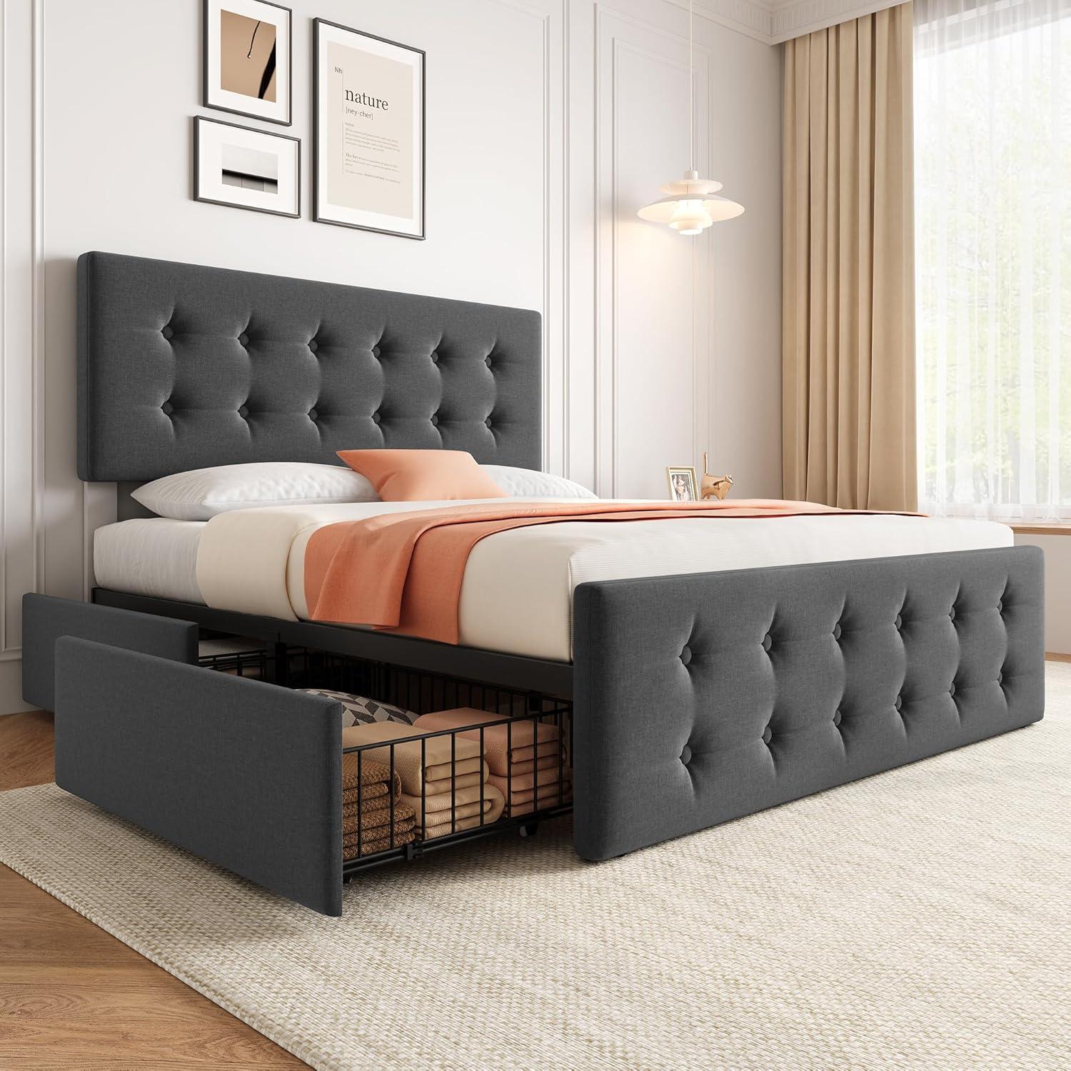 GAOMON Queen Size Bed Frame with 4 Storage Drawers and Headboard, Linen Upholstered Platform Bed Frame with Wooden Slats Support, Button Tufted Design, No Box Spring Needed, Dark Grey