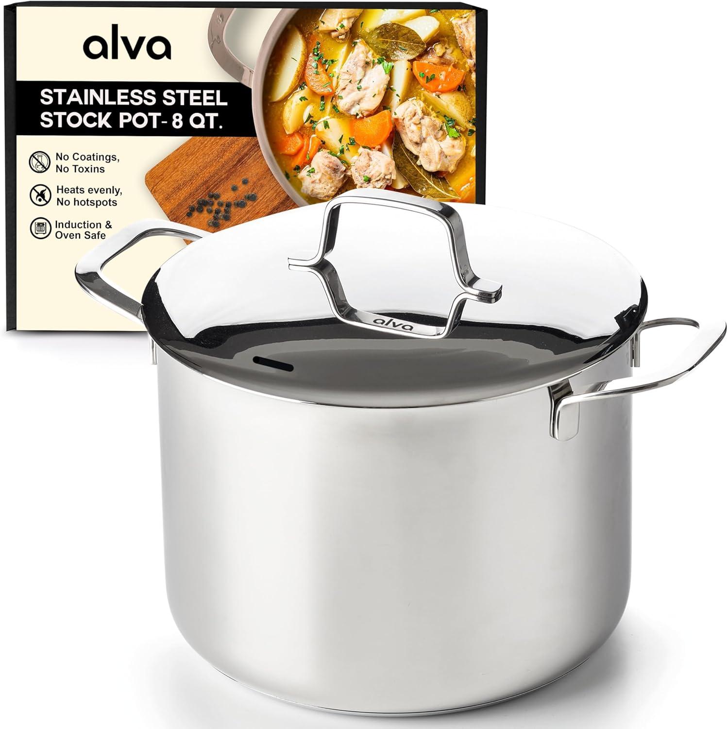 Alva Maestro 8 Qt. Stainless Steel Stock Pot with Lid Scratch Resistant Non-Toxic PFAS Free Compatible with All Stovetops Oven Safe & Induction Safe