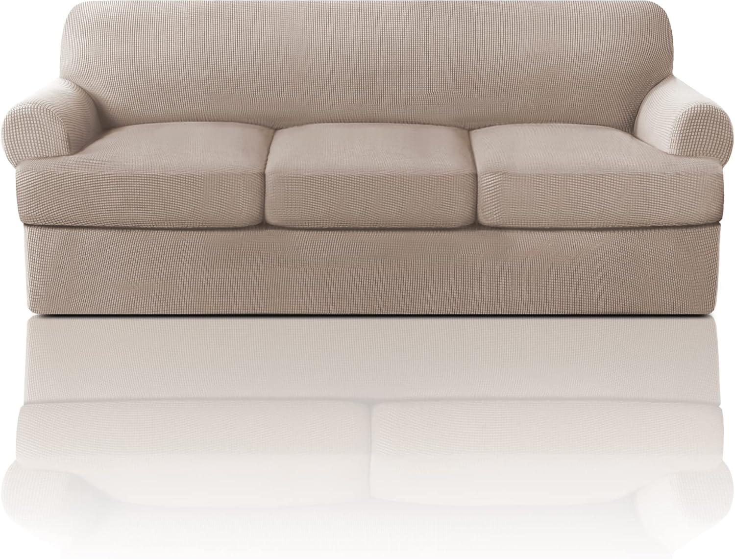 PrinceDeco T Cushion Sofa Slipcover 4 Pieces Sofa Covers for T Cushion Sofa Soft Couch Cover Sofa Slip Covers Furniture Covers with 3 Individual T Cushion Shape Seat Covers Machine Washable, Sand