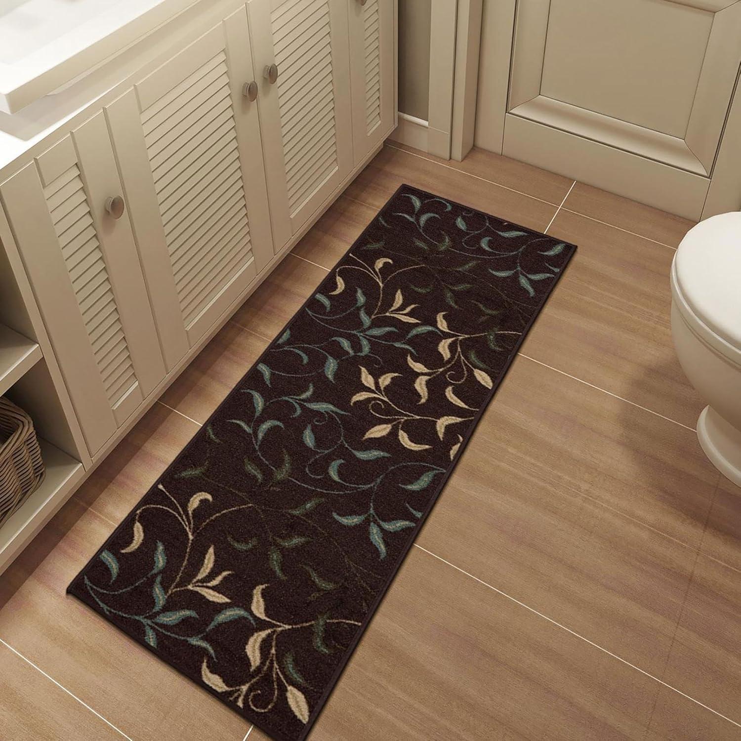 Ottohome Non-Slip Leaves Area Rug For Living Room, Hallway Runner, Entryway Rug, Brown