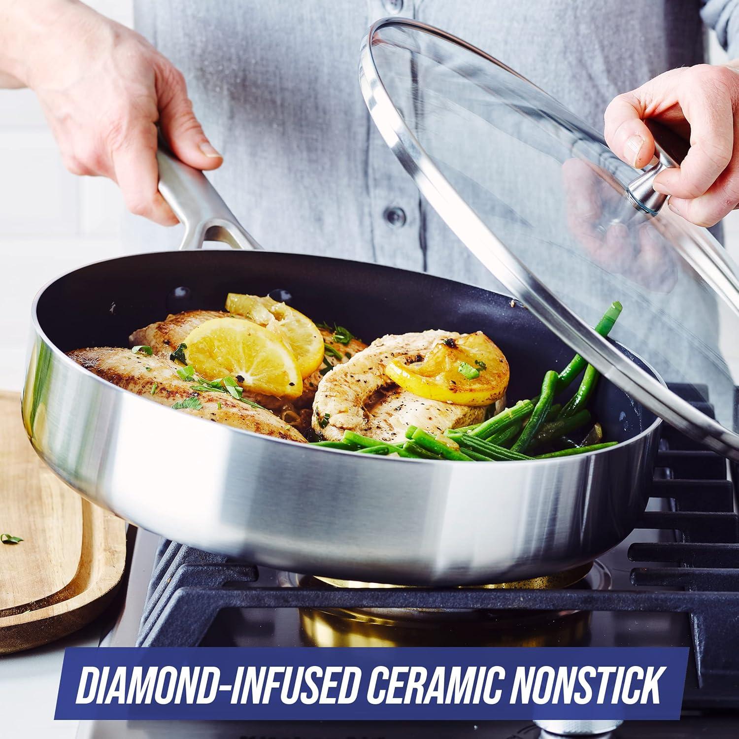Blue Diamond Blue Diamond Cookware Tri-Ply Stainless Steel Ceramic Nonstick, 3.75QT Saute Pan Jumbo Cooker With Lid, PFAS-Free, Multi Clad, Induction, Dishwasher Safe, Oven Safe, Silver