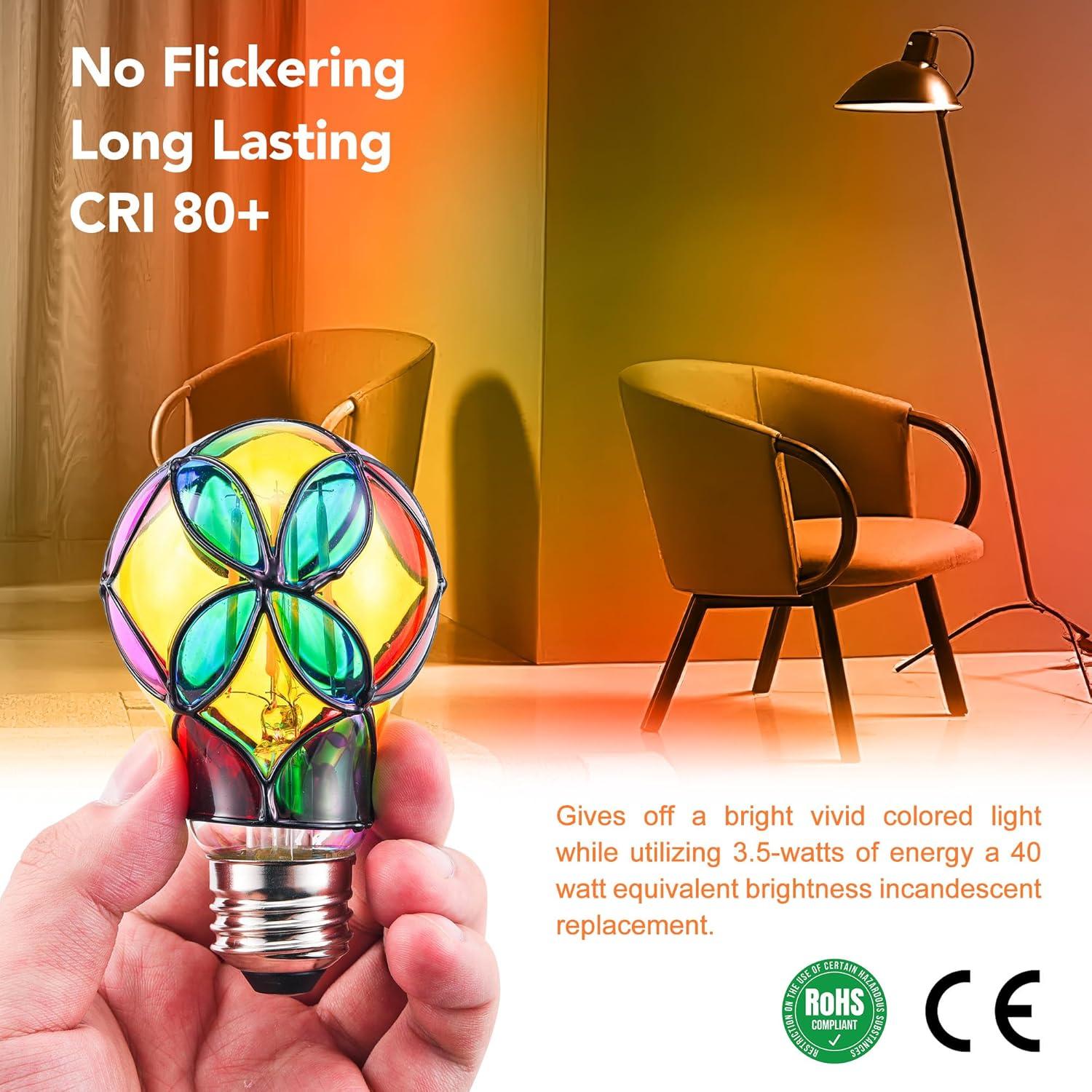 4 Pack Stained Glass Light Bulbs, LED Edison Light Bulb E26 3.5W Replacement Light Bulbs Tiffany Style for Bedroom Living Room Home Christmas Decoration