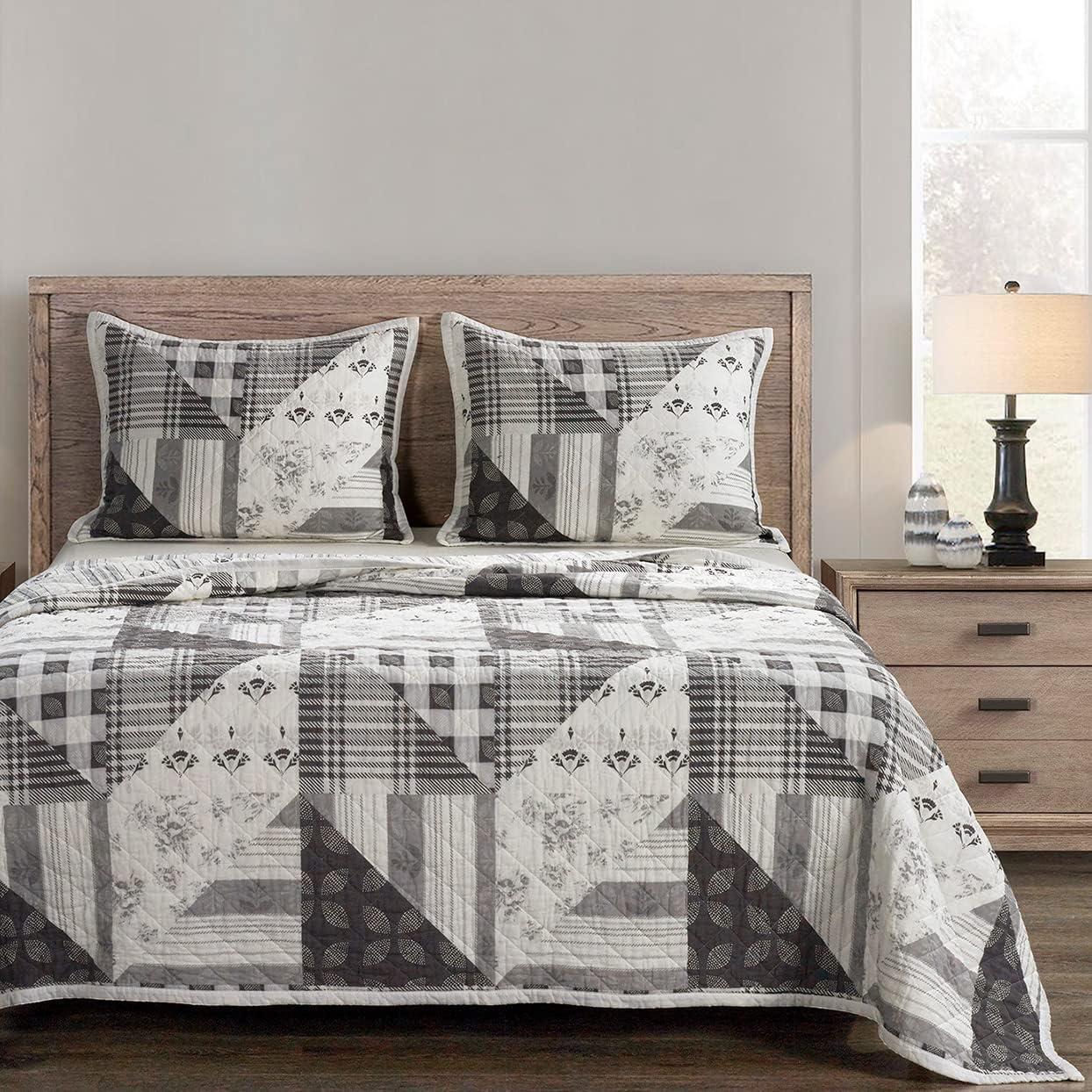 King Black Cotton Reversible Patchwork Quilt Set