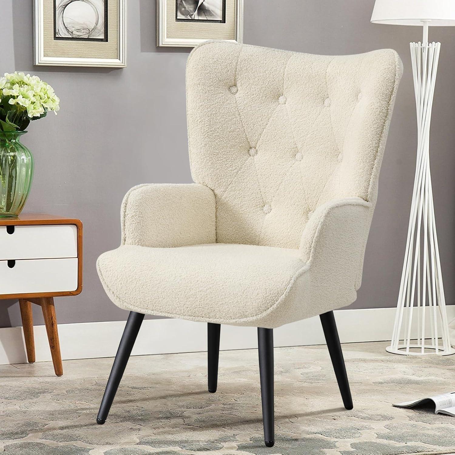 Furniliving Tufted Button Wingback Chair Upholstered Sherpa Accent Chair with Wide Arm Modern Leisure Club Chair, Lvory white