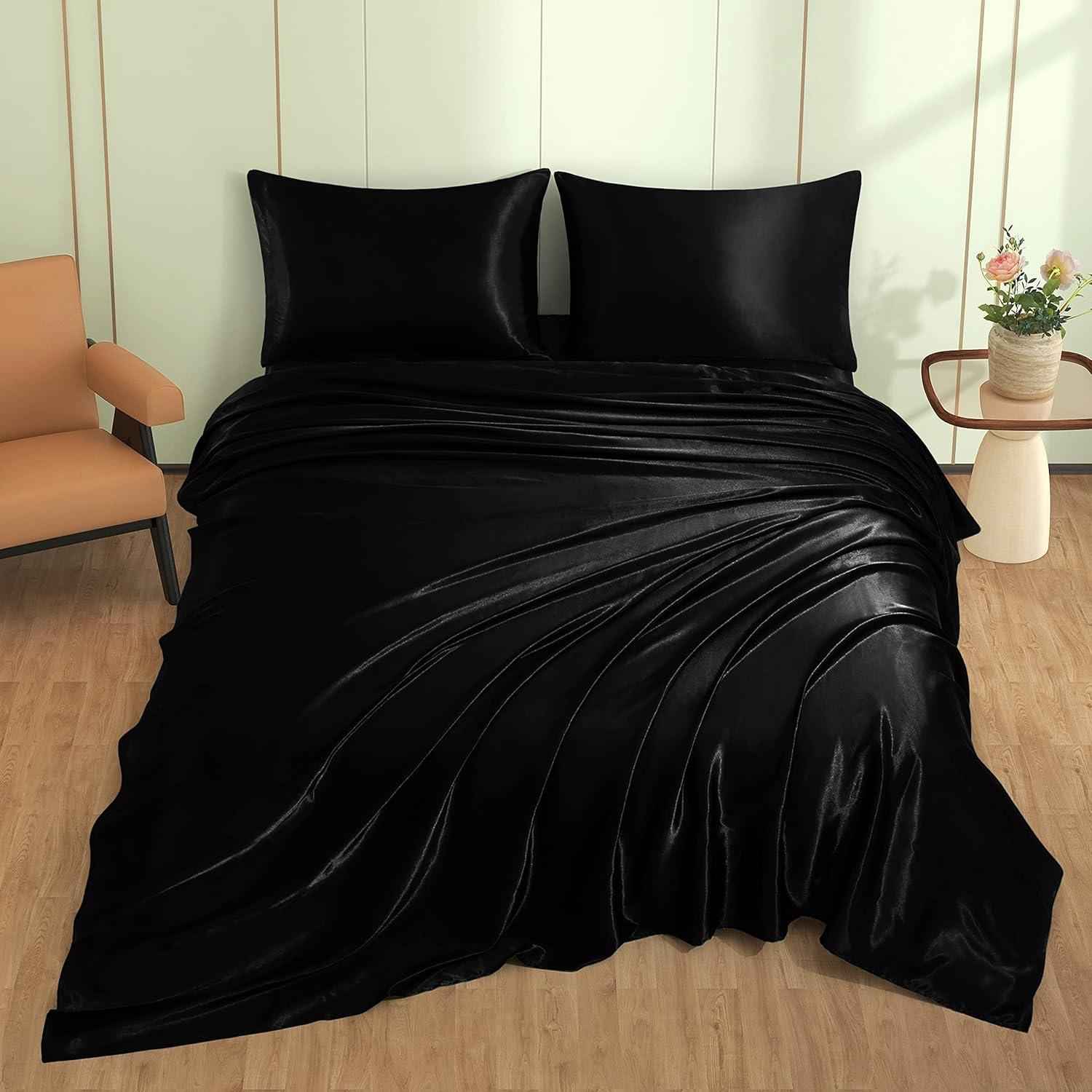 Black Satin Full Size 4-Piece Deep Pocket Sheet Set