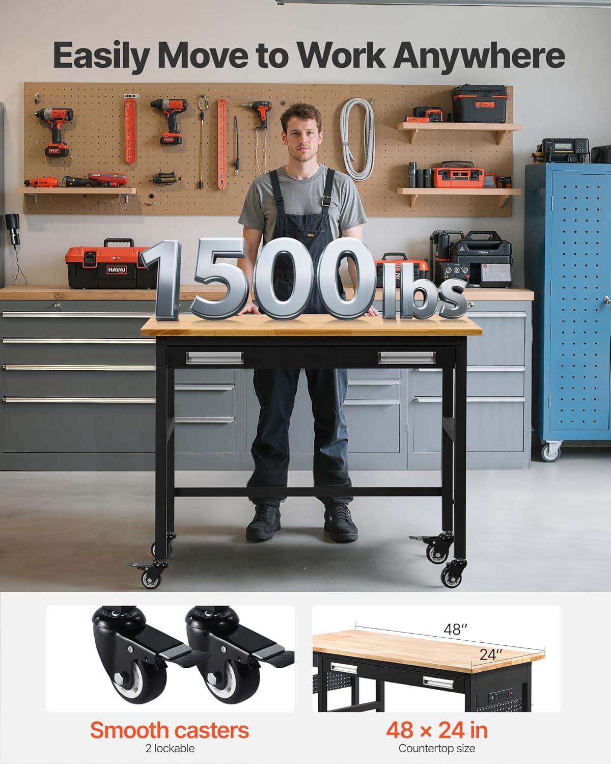 VEVOR Workbench, 48-inch Garage Workbench with Drawer Storage & Wheels, 1500 lbs Load Capacity Workshop Bench on Wheels, Heavy Duty Oak Wood Top Work Table for Garage, Workshop, Office, and Home