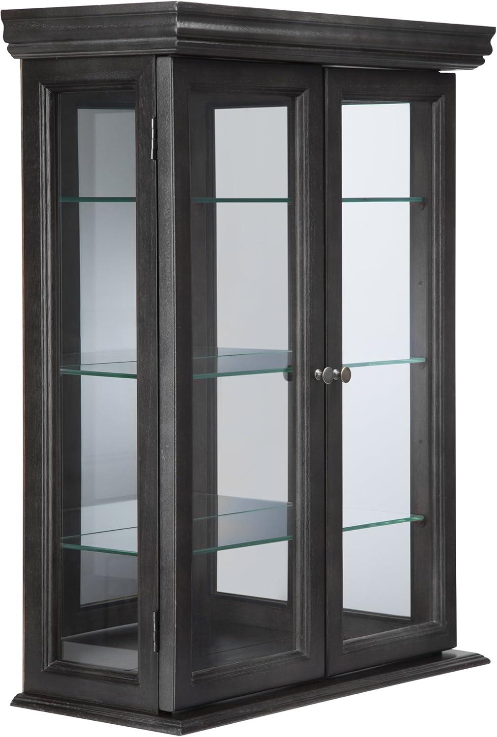 Ebony Black Hardwood Wall Curio Cabinet with Glass Shelves