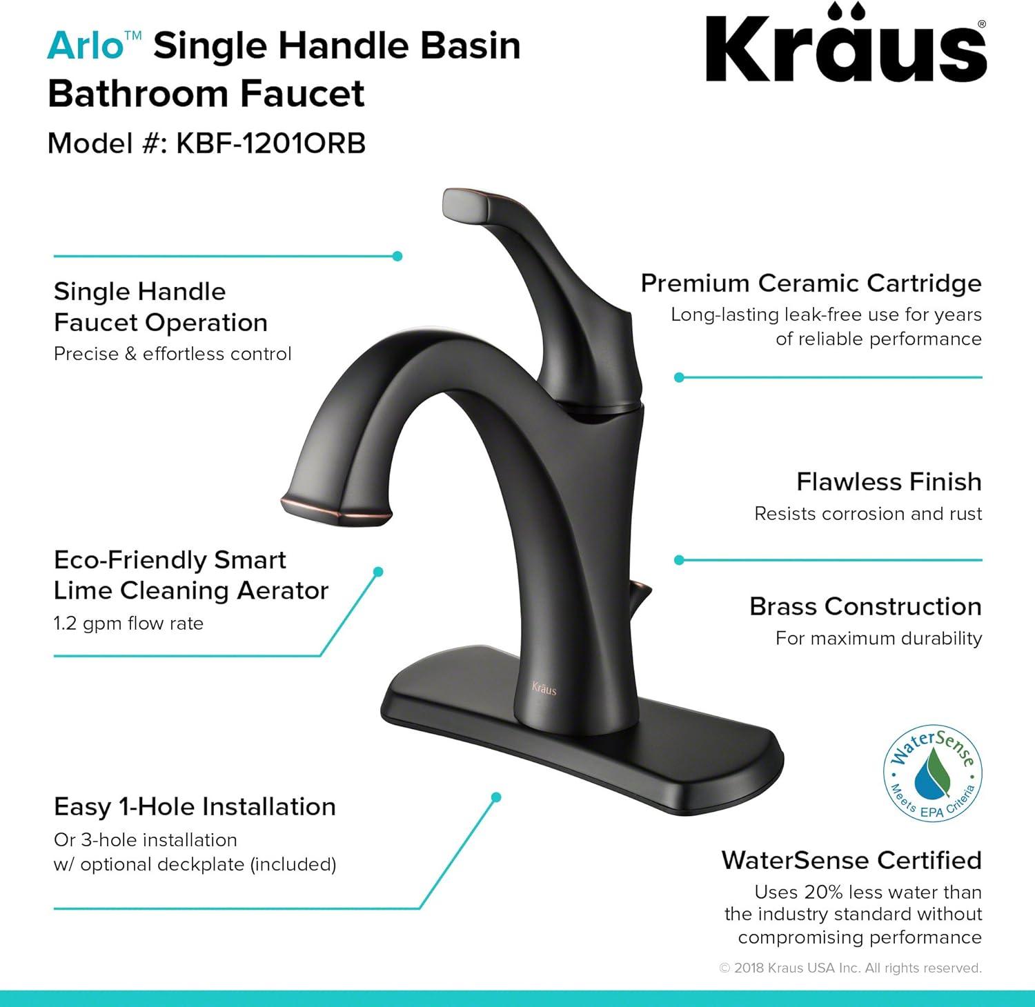 Kraus Arlo Single Hole 1-Handle WaterSense Bathroom Sink Faucet with Drain and Deck Plate