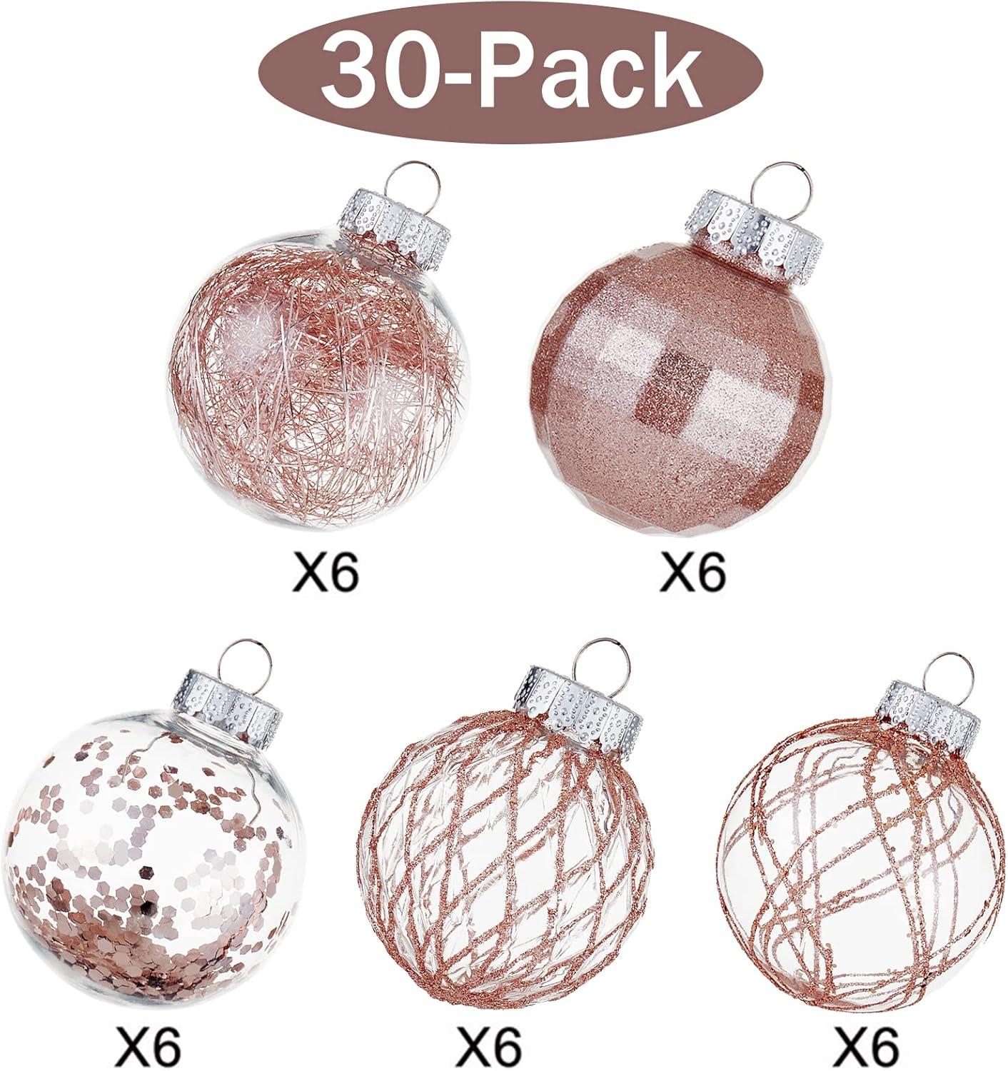 30ct Christmas Ball Ornaments-60mm/2.36" Shatterproof Clear Plastic Xmas Balls Baubles Set with Stuffed Delicate Sparkling, Hanging Christmas Tree Decorations (Rose Gold)