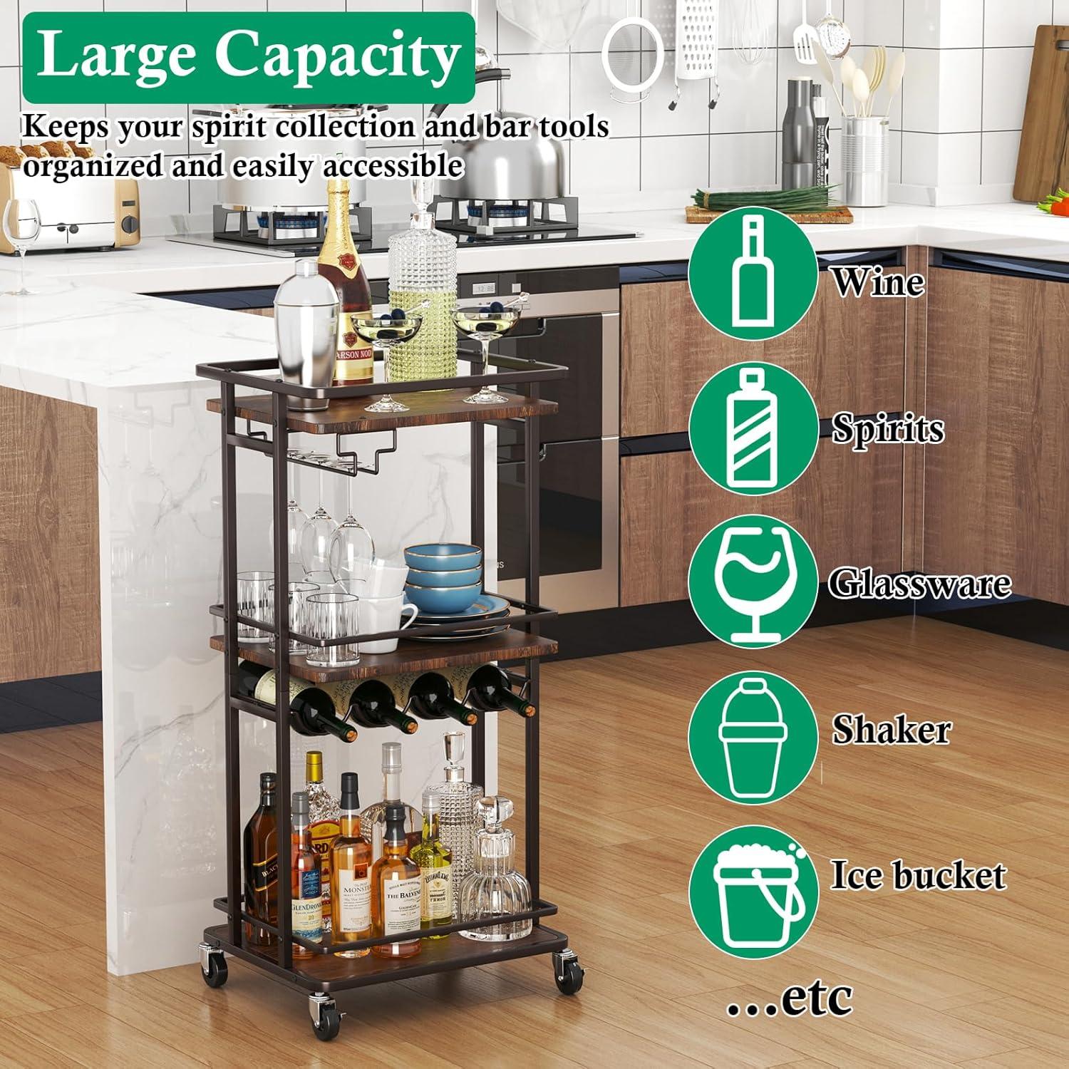 3 Tier Bar Cart for Home, Rolling Mini Liquor Bar Cabinet with Wine Rack and Glass Holder, Home Bar Serving Cart on Wheels for Dinner Party Wine Alcohol Drink, Bar Stand for Living Room Kitchen