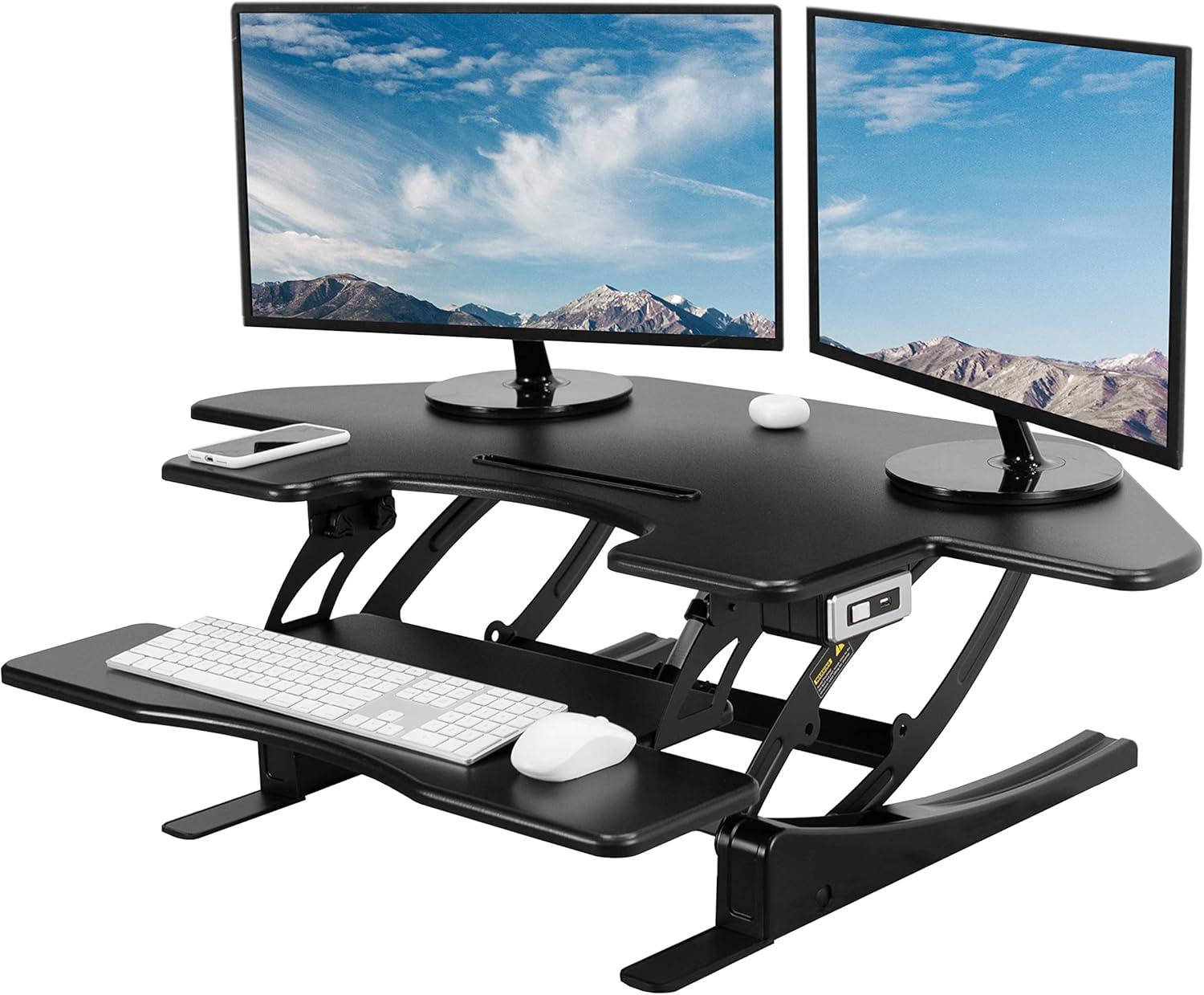 VIVO 43" Black Electric Adjustable Corner Desk Riser with USB