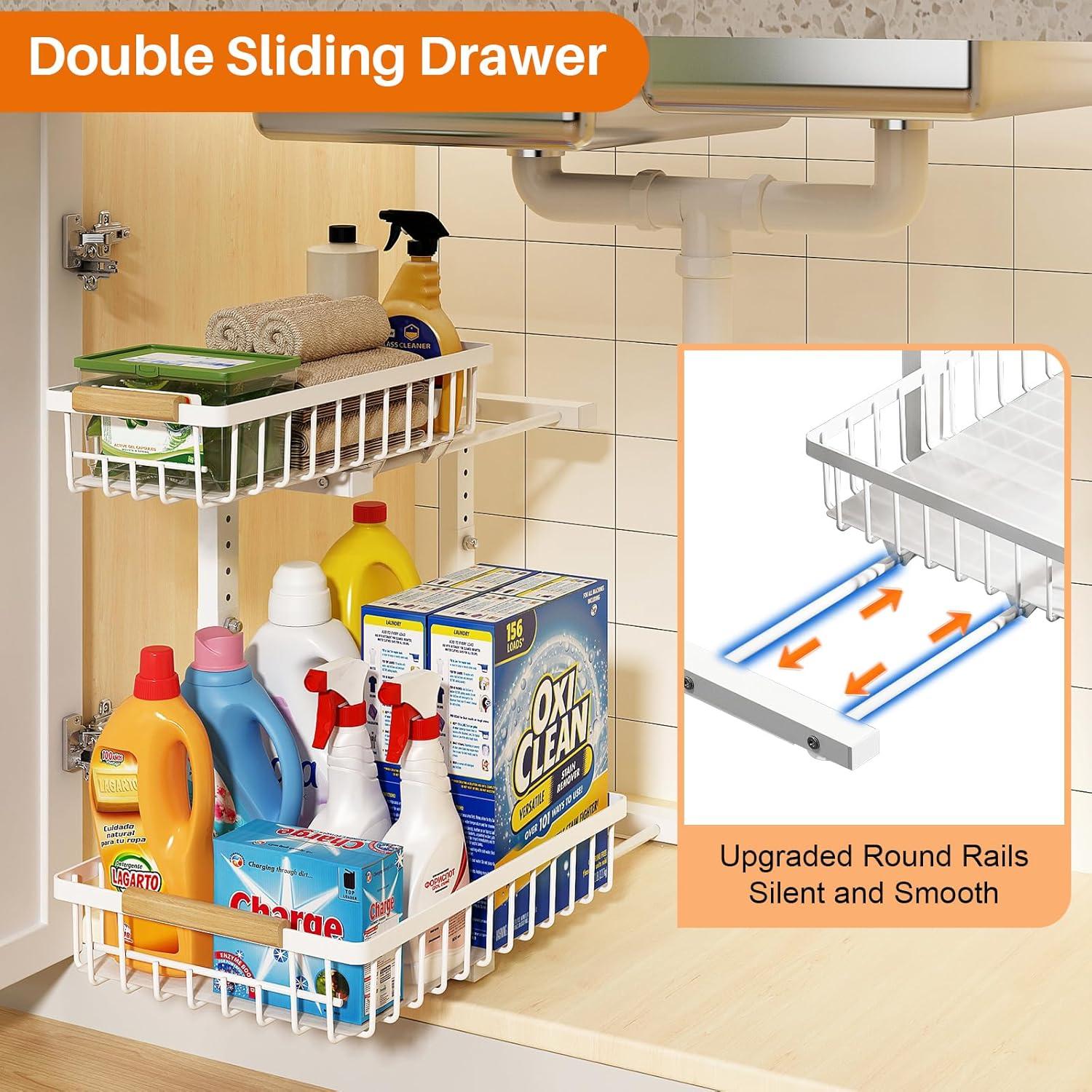 Sink Organizer, 2 Pack 2 Tier Sink Organizer and Storage, Slide-Out Pull-Out Cabinet Organizer, Sliding Metal Drawer for Home Kitchen, Bathroom, Pantry