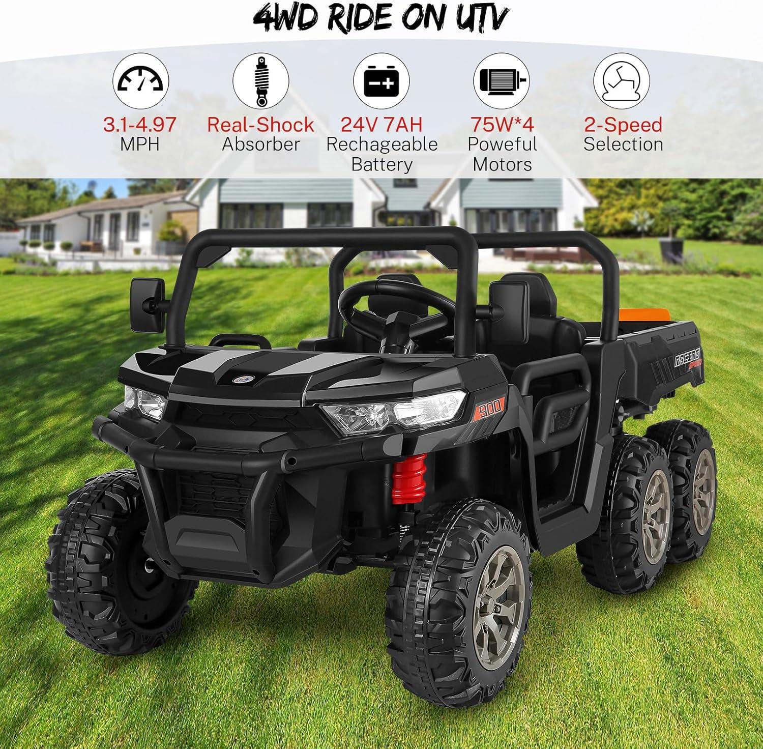 JOYRACER 24V 2 Seater Ride On Dump Truck with Remote Control , Electric UTV Car with Electric Dump Bed, 4WD Power Ride Cars W/6 Wheels Ride On Toys with Shovel Music Player