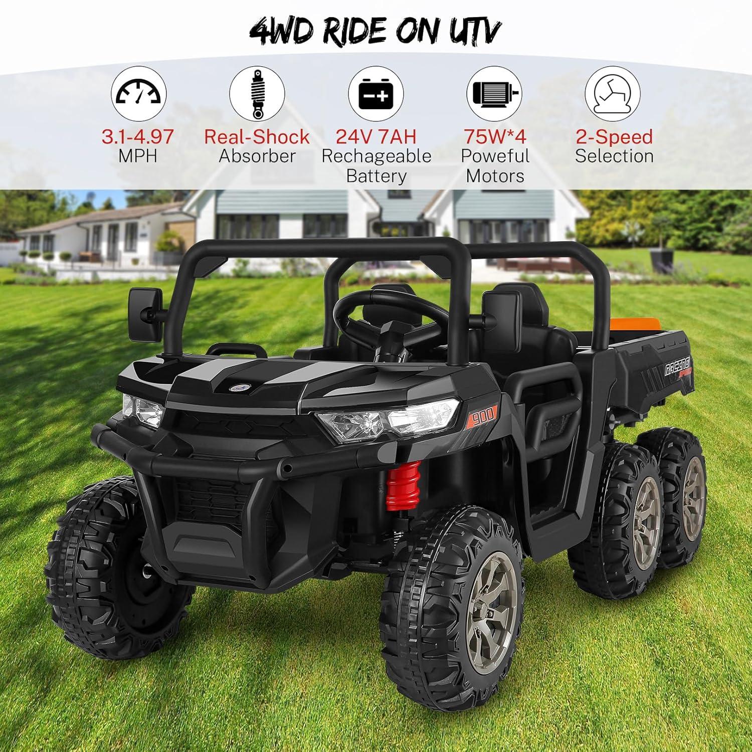 JOYRACER 24V 2 Seater Ride On Dump Truck with Remote Control , Electric UTV Car with Electric Dump Bed, 4WD Power Ride Cars W/6 Wheels Ride On Toys with Shovel Music Player