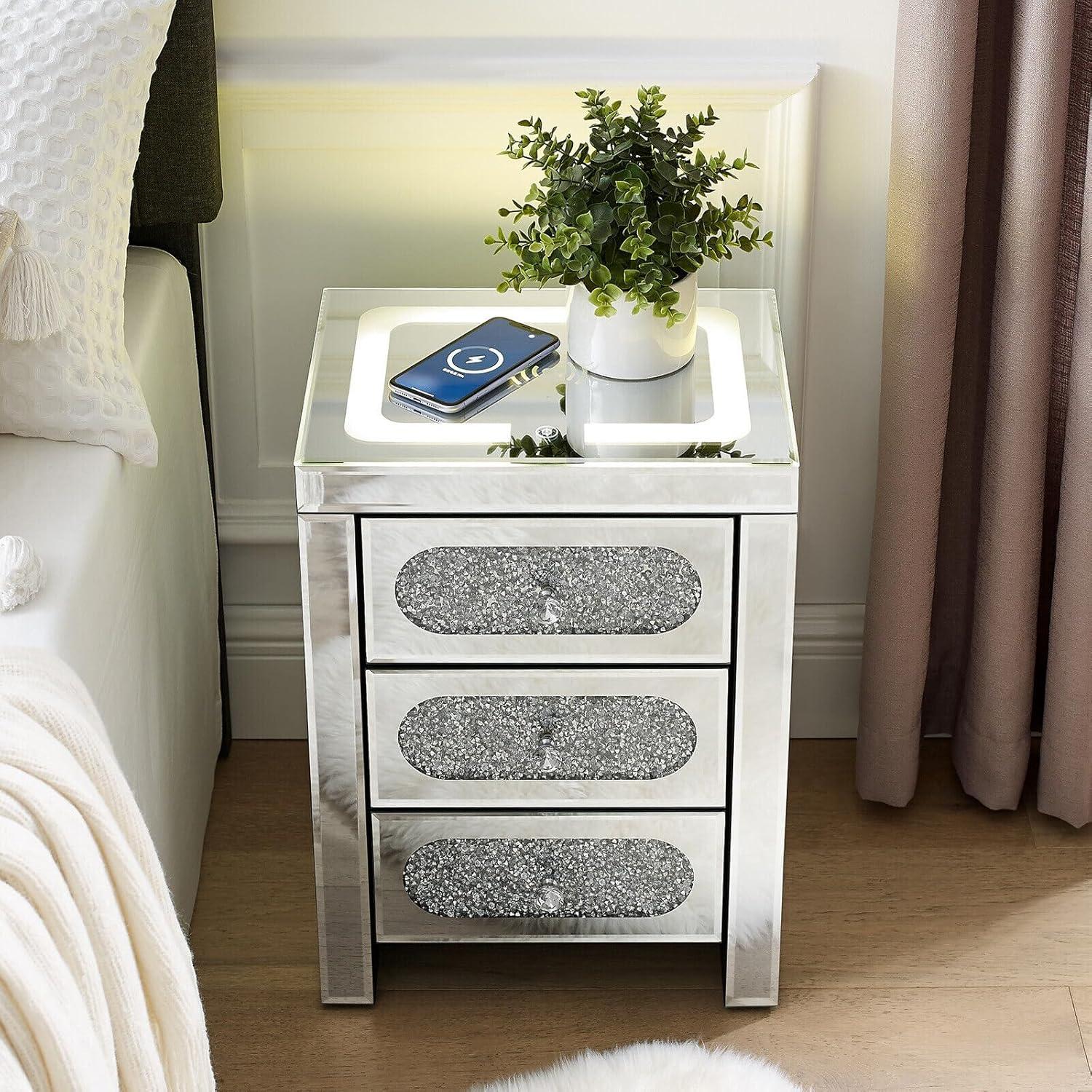 COSVALVE 3 Drawers Mirrored Nightstand Silver Glass Crystal Design Rectangle End Table with Wireless Charging Station, LED Lights, Charge USB Port