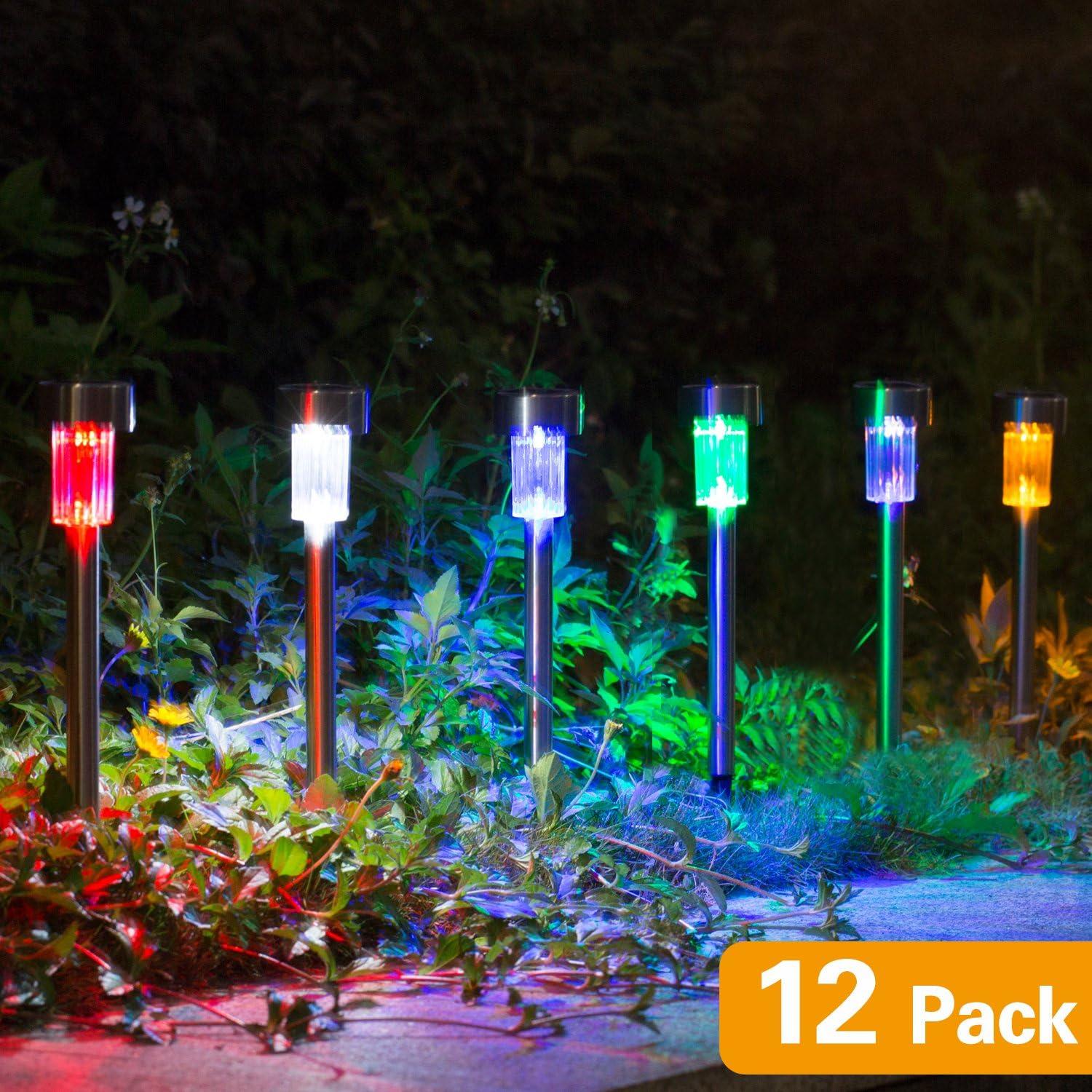 Wellgium Solar Lights Outdoor, Solar Lights Garden Lights Landscape Lighting Pathway Lights for Lawn Patio Stainless Steel-12 Pack(6 Colors) C25