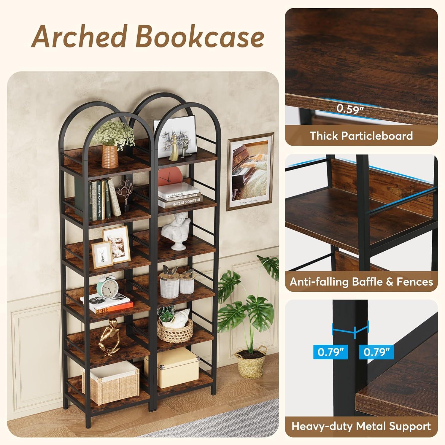 Tribesigns 6-Tier Open Bookshelf, 78.7" Tall Arched Bookcase Narrow Bookshelf, Rustic Brown