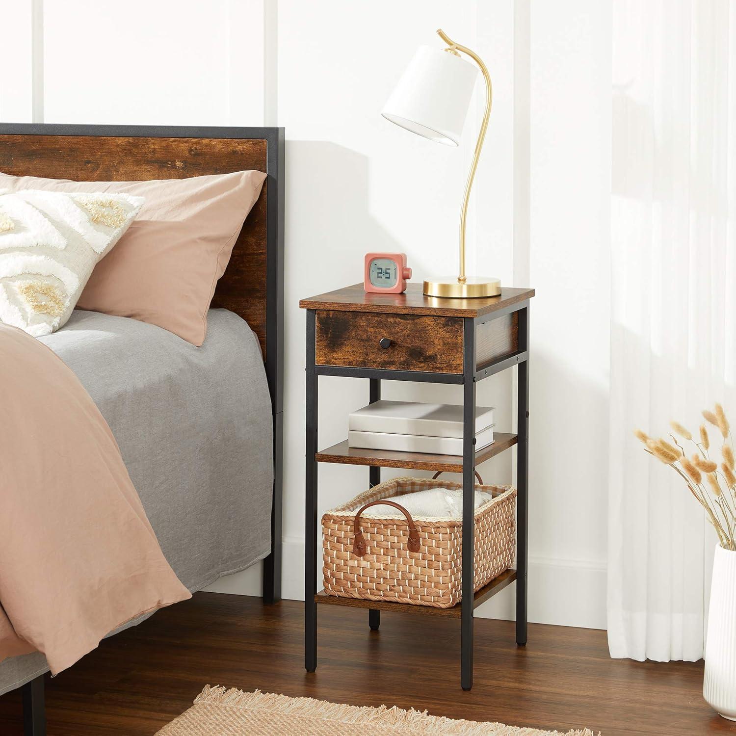 Rustic Brown and Black Industrial Nightstand with Drawer and Shelves