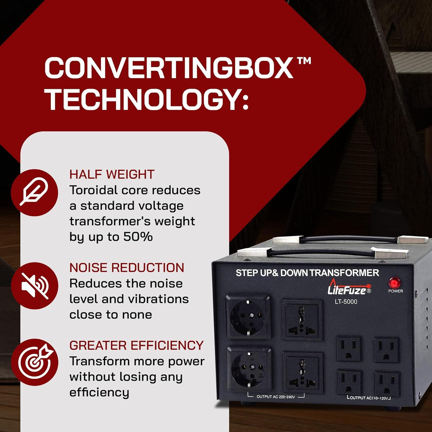 LT Series 5000 Watt Voltage Converter Transformer Step Up/Down - 110v to 220v / 220v to 110v Power Converter - Fully Grounded Cord - Universal Socket, CE Certified