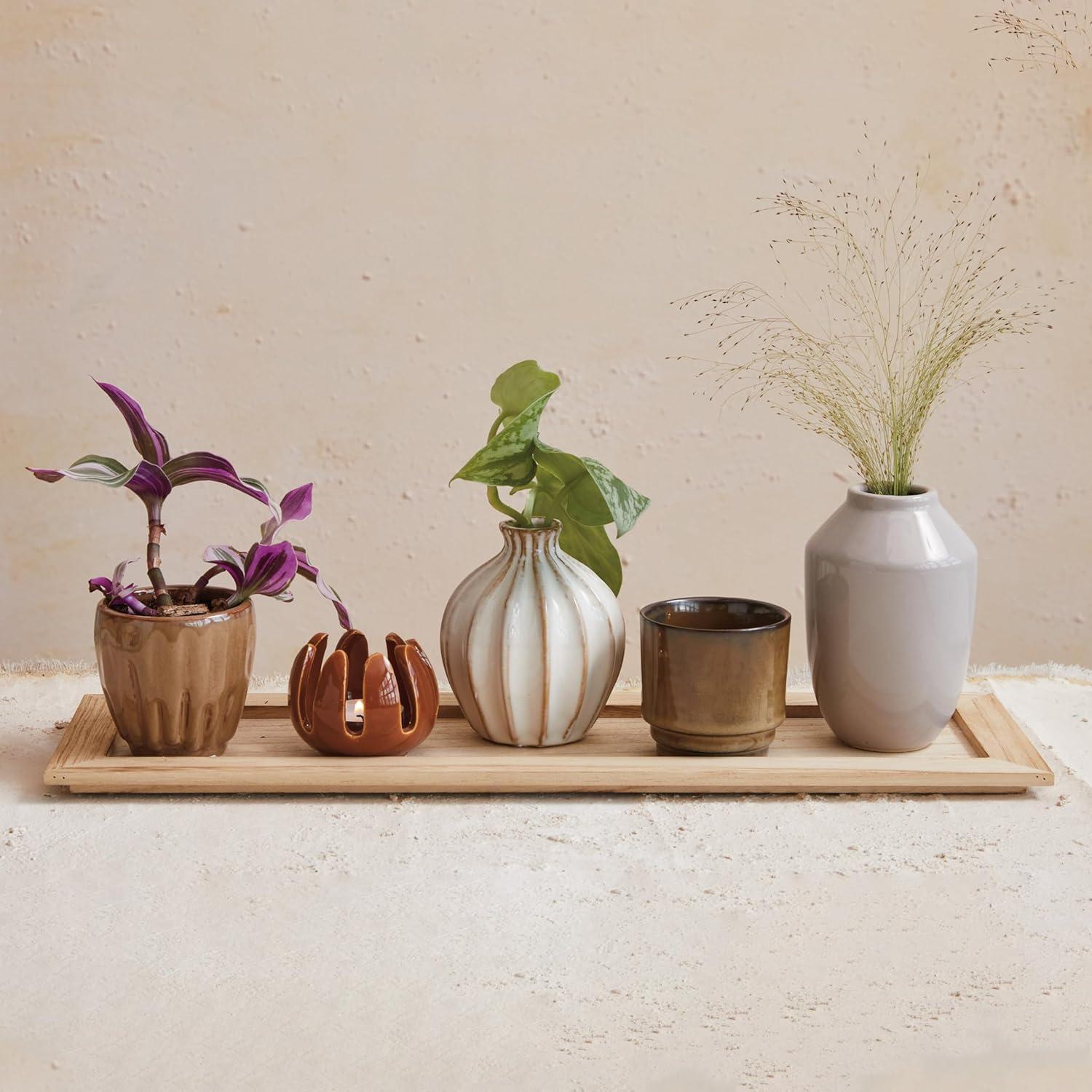 Creative Co-Op 5 Stoneware Votive Candle Holders on a Wood Tray with Reactive Glaze, Multicolor