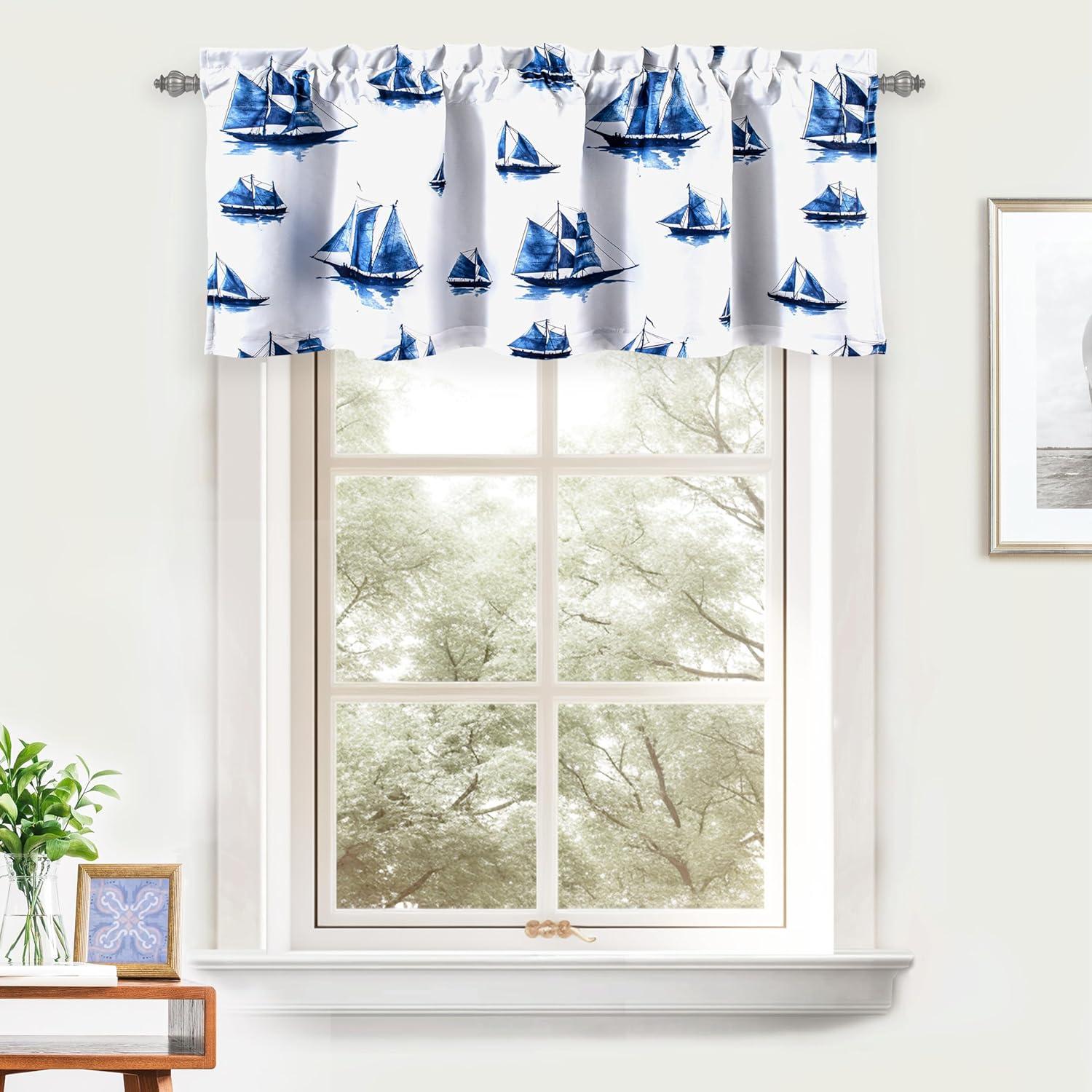 Navy and White Polyester Sailboat Print Blackout Valance