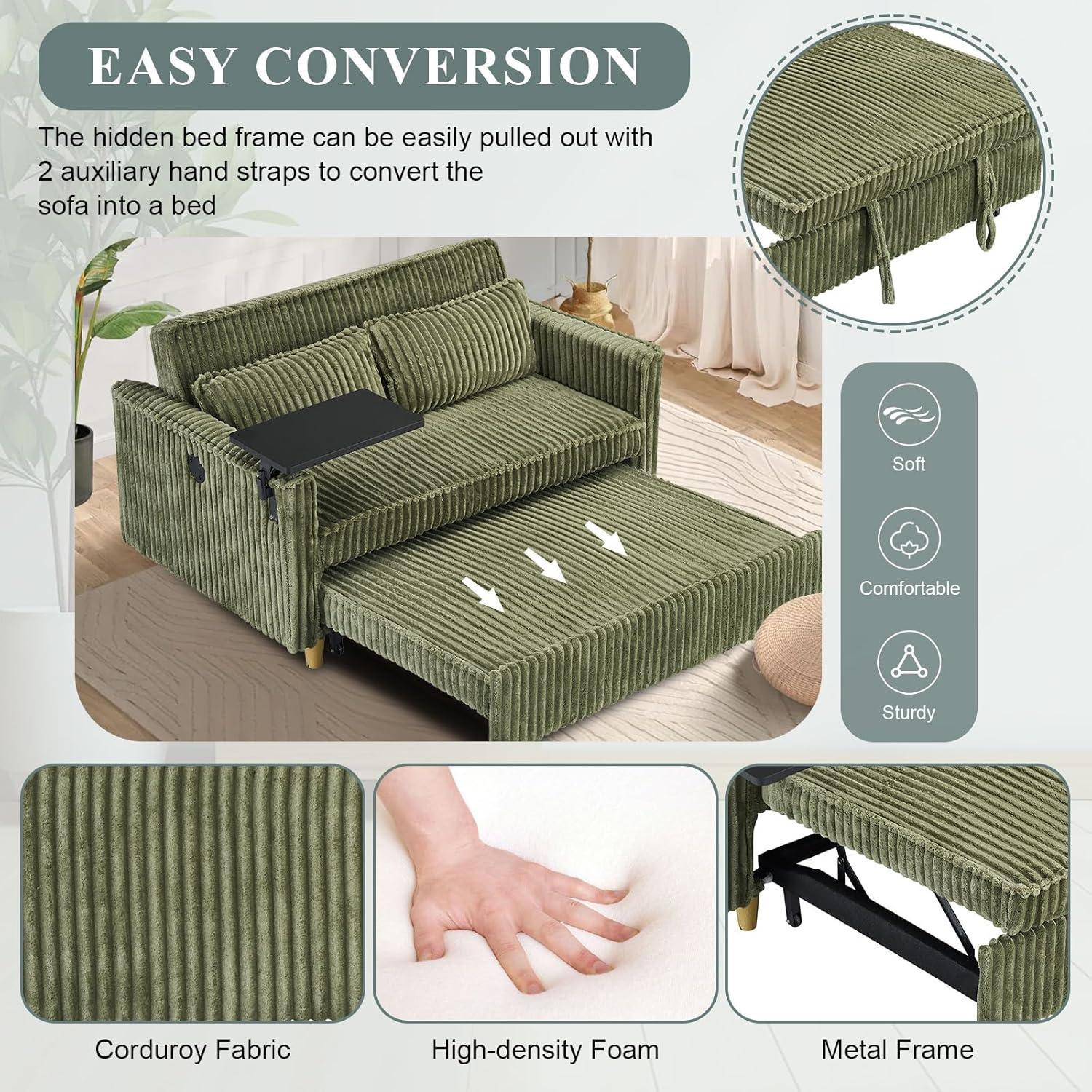 54"W Convertible Sleeper Sofa Bed,3-In-1 Corduroy Pull Out Couch Bed,Futon Loveseat Sleeper Couch with Adjustable Backrest and USB Ports & Side Table,Recliner for Living Room,Office,Small Space,Green