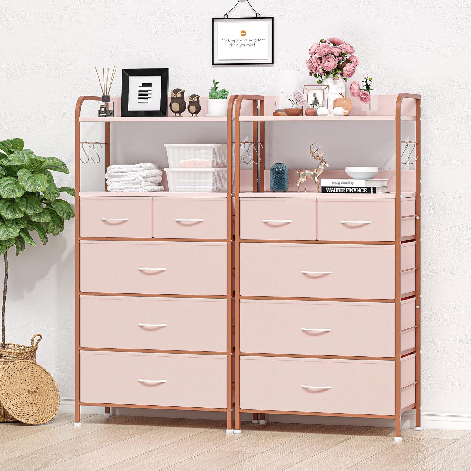 2024 New 5 Drawers Fabric Dresser Storage Drawers, Tall Dresser with Sturdy Frame&Wooden Top, Organizer Unit for Closet, Living Room, Entryway, Hallway