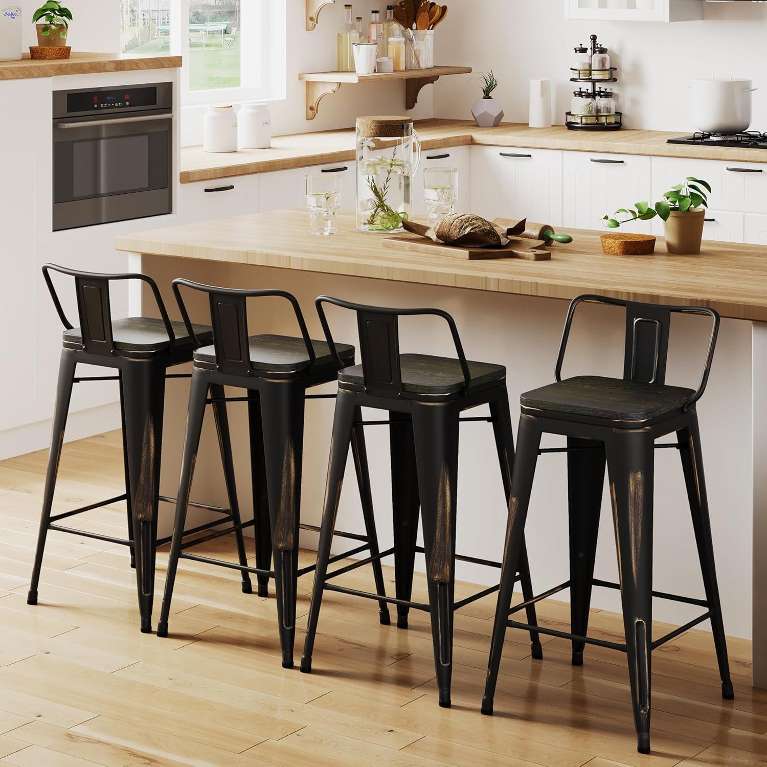 Distressed Gold Industrial Metal and Wood Bar Stools, Set of 4