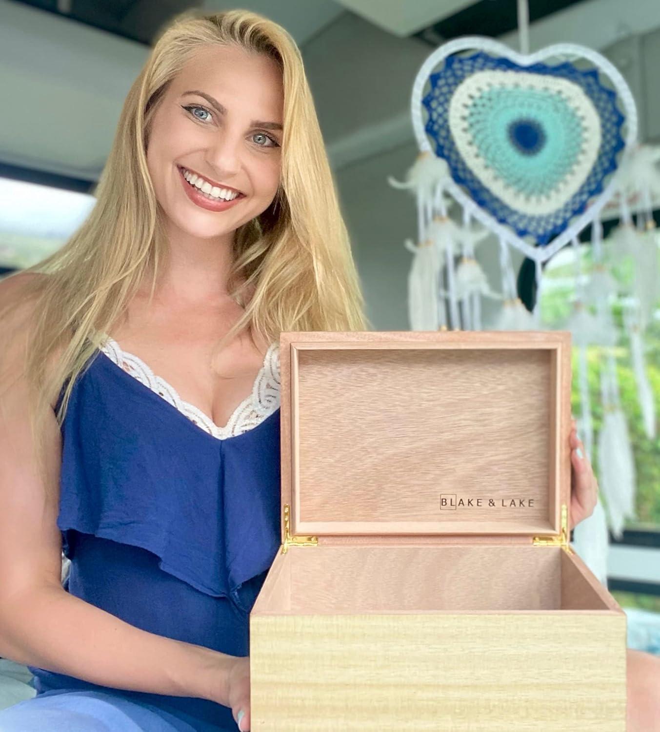 Black Wooden Storage Box with Hinged Lid and Locking Key- Large Keepsake Box with Lock - Wood Chest with Matte Finish - Store Jewelry Keepsakes Photos Gift Boxes (Black)