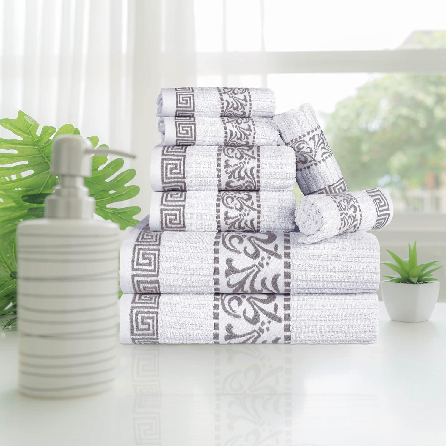 Superior Athens 8-Piece Cotton Greek Scroll Towel Set, White-Chrome