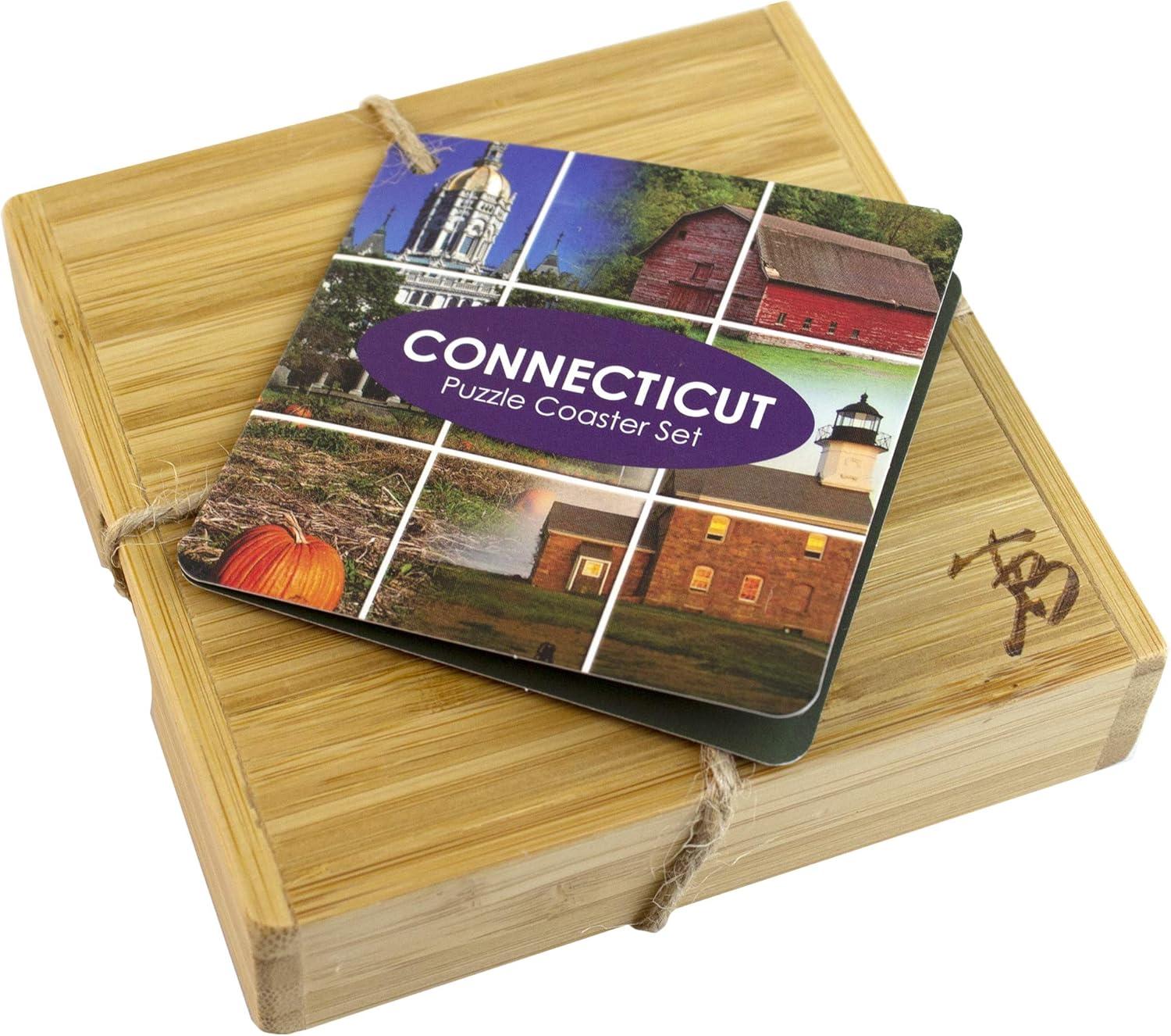 Connecticut State Puzzle Bamboo Coaster Set with Storage Case