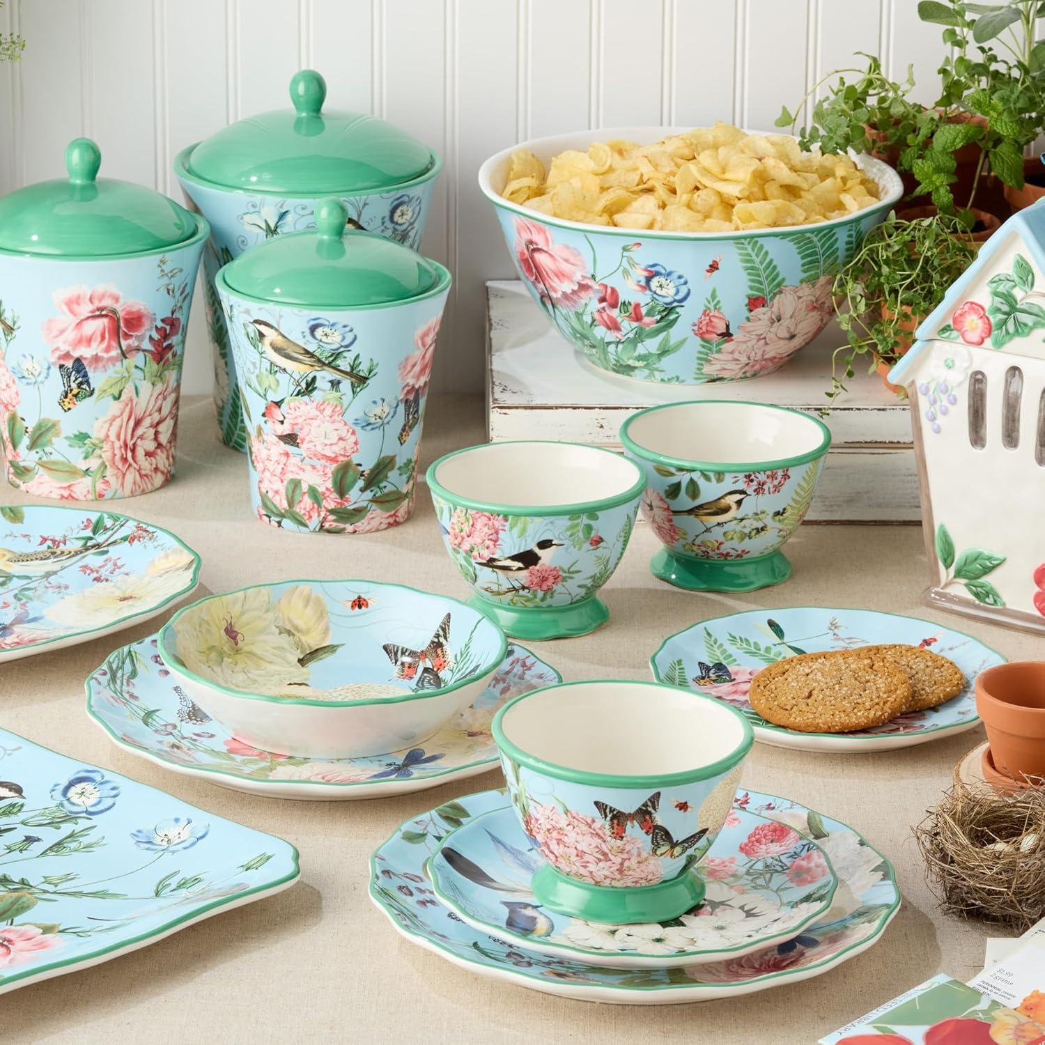Certified International Flora 16-Piece Dinnerware Set, Service for 4 – Includes Dinner Plates, Dessert Plates, Pedestal Mugs, and Pedestal Ice Cream Bowls with Vibrant Nature-Inspired Floral Designs