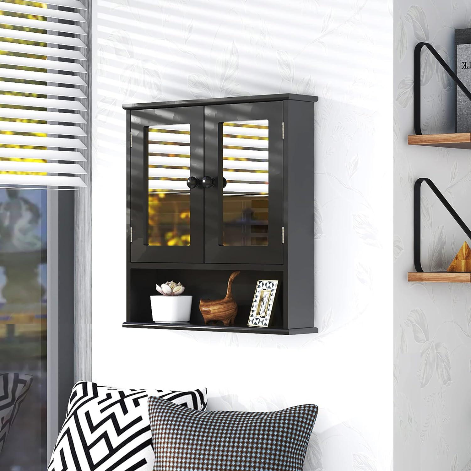 Medicine Cabinet, Medicine Cabinets For Bathroom With Mirror 2 Doors 3 Open Shelf, Bathroom Cabinet Wall Mounted Wooden Storage Over Toilet Laundry Room Kitchen