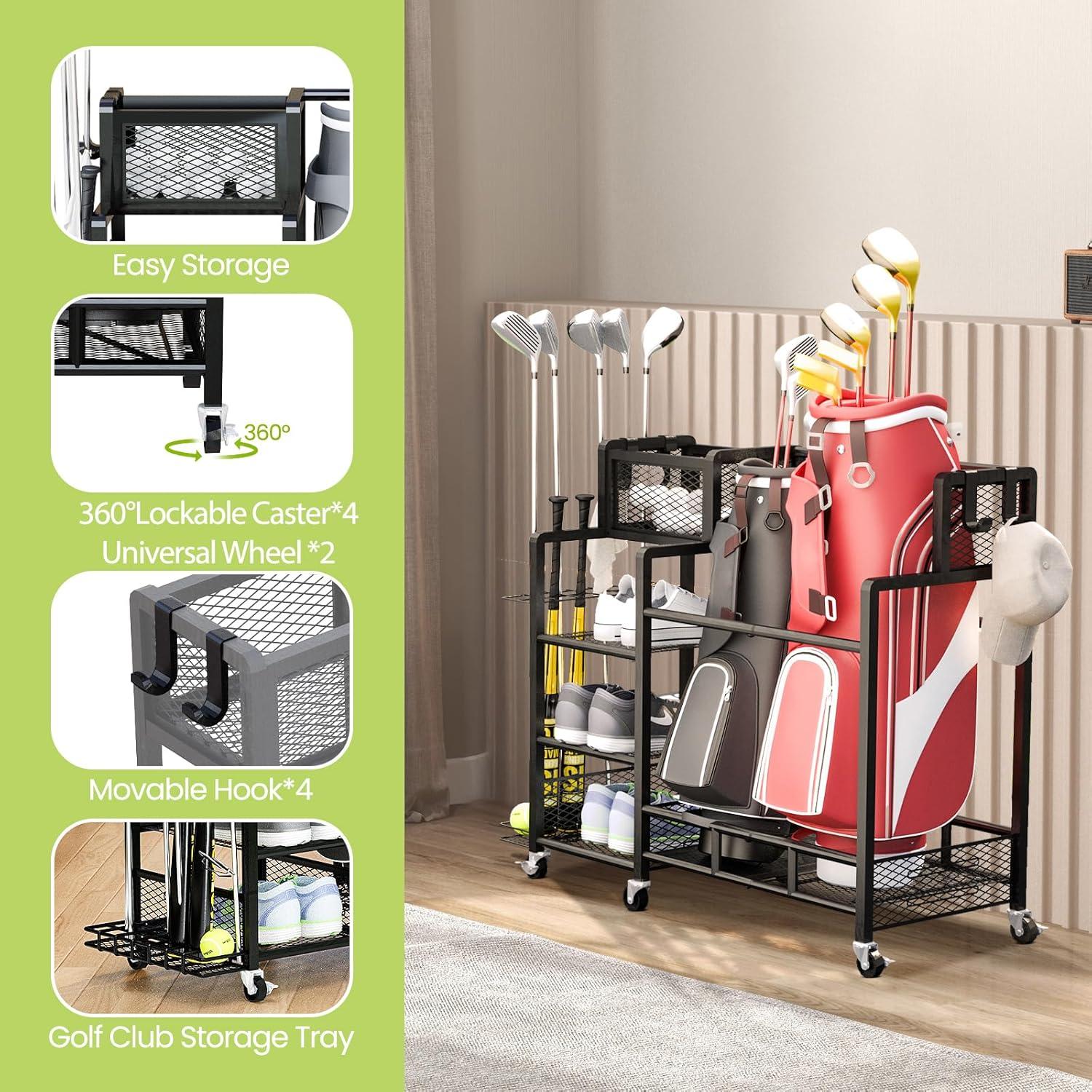 Recaceik Golf Storage Garage Organizer Large Size,Golf Bag Storage Stand and Other Golfing Accessories Rack, Metal with Wheels Golf Club Storage for Garage Shed and Basement (Black)