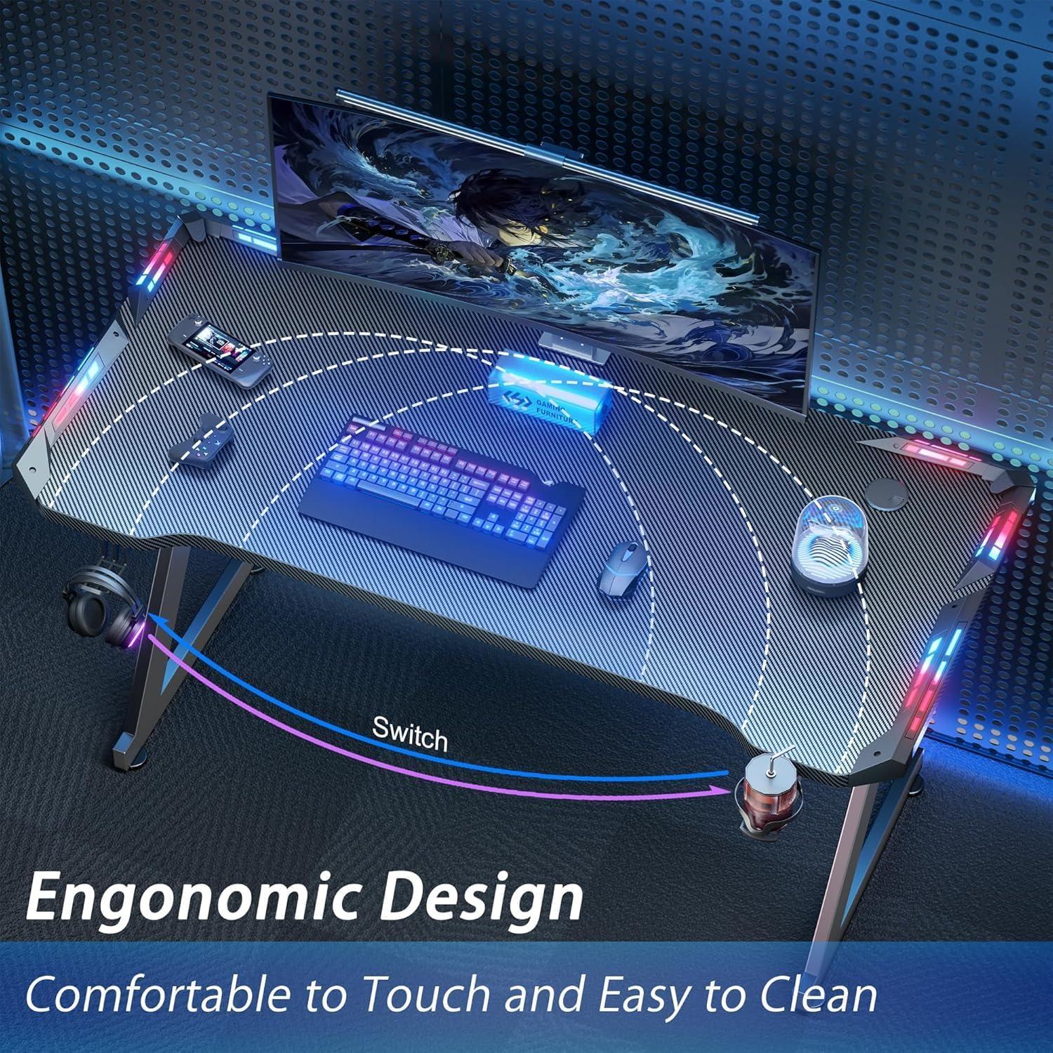 HLDIRECT 47 Inch Gaming Desk with LED Lights, Ergonomic Computer Gaming Table with Carbon Fibre Surface, Sturdy PC Workstation Desk for Home Office with Headphone Hook, Cup Holder, Black