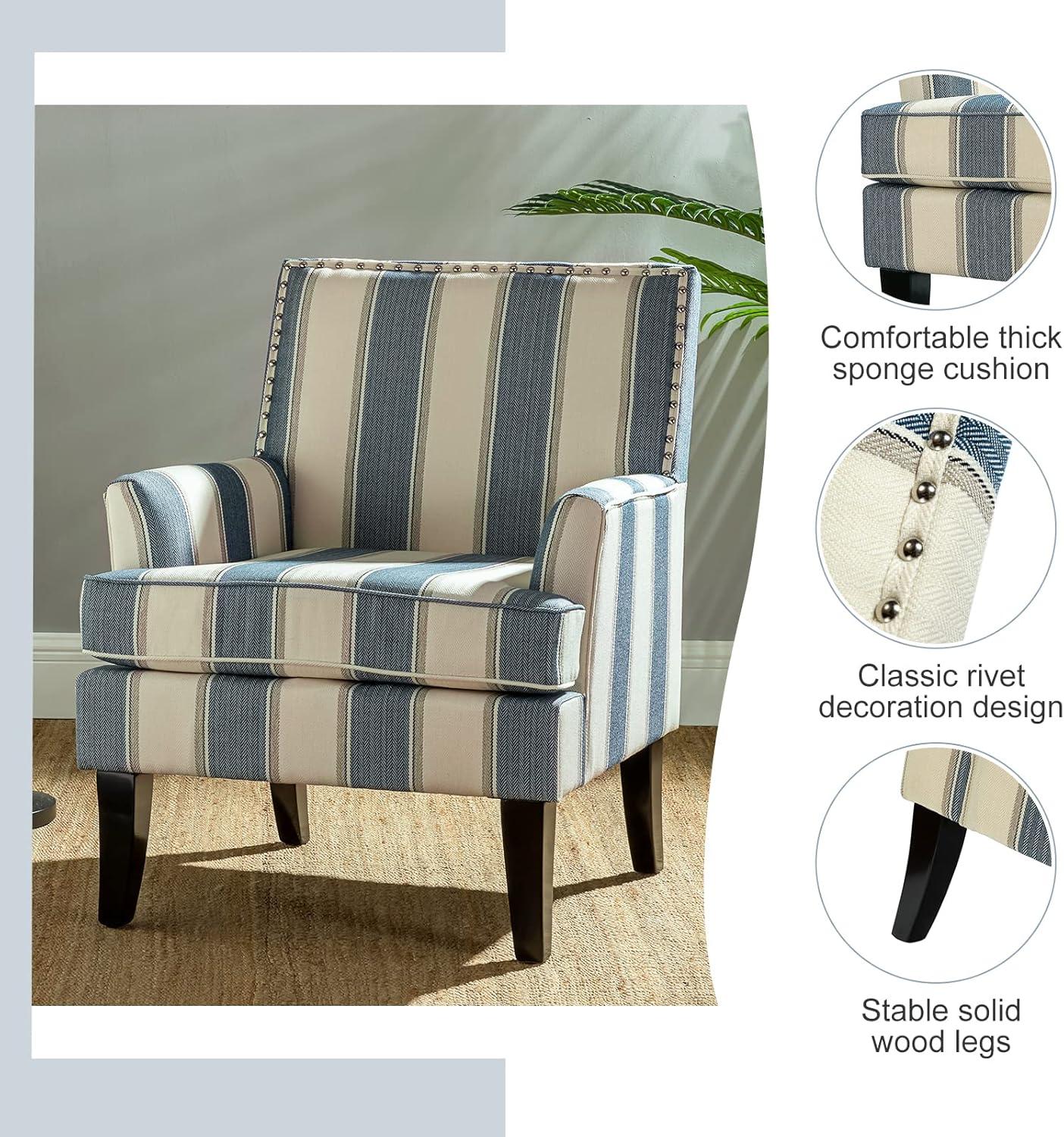 Upholstery Accent Chair Armchair Sofa Couch Lounge Seat Wood Black Legs Nailhead Trim Home Living Room Bedroom Stripe Blue