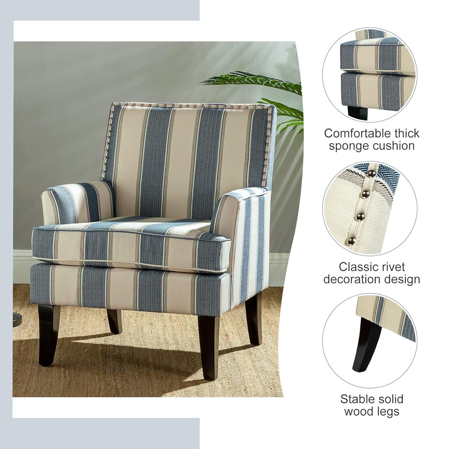 Upholstery Accent Chair Armchair Sofa Couch Lounge Seat Wood Black Legs Nailhead Trim Home Living Room Bedroom Stripe Blue