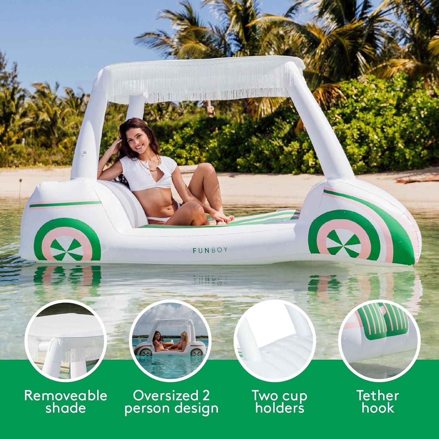 Oversized White and Green Inflatable Golf Cart Pool Lounger