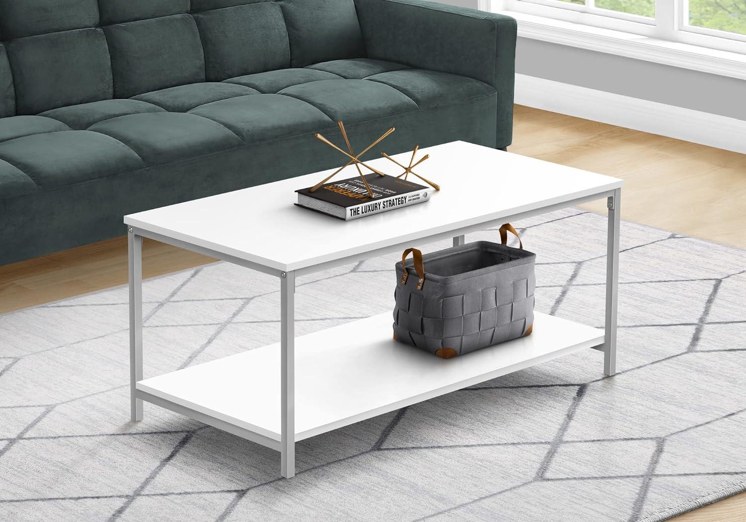 Sleek White and Silver Rectangular Metal Coffee Table, 40" L