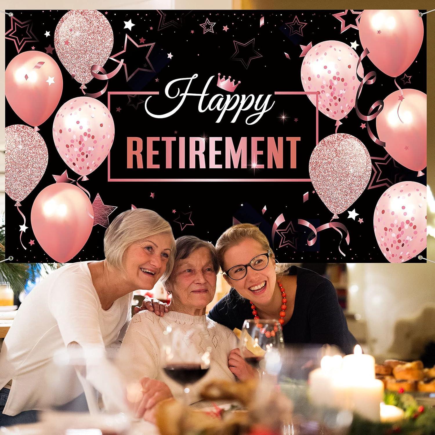 Blulu Retirement Party Decorations, Extra Large Fabric Retire Sign Banner Photo Booth Backdrop Background with Rope for Retirement Party Favor(72.8 x 43.3 Inch,Black and Rose Pink)