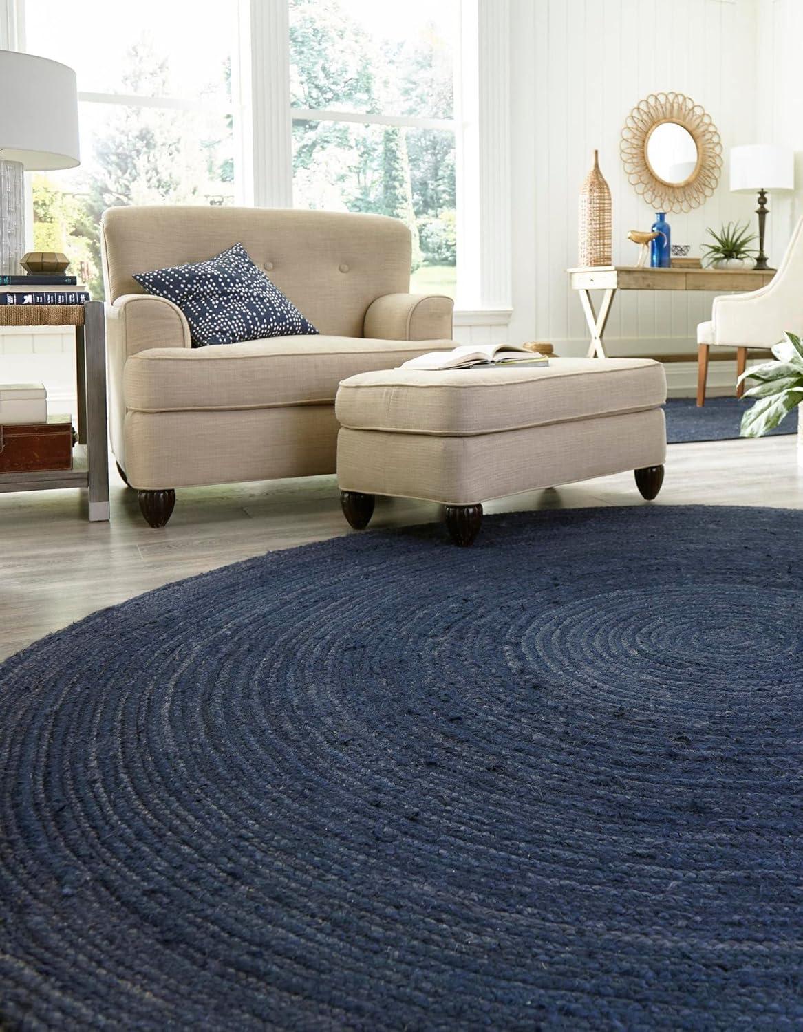 Handmade Navy Blue Braided Jute 3'3" Round Rug