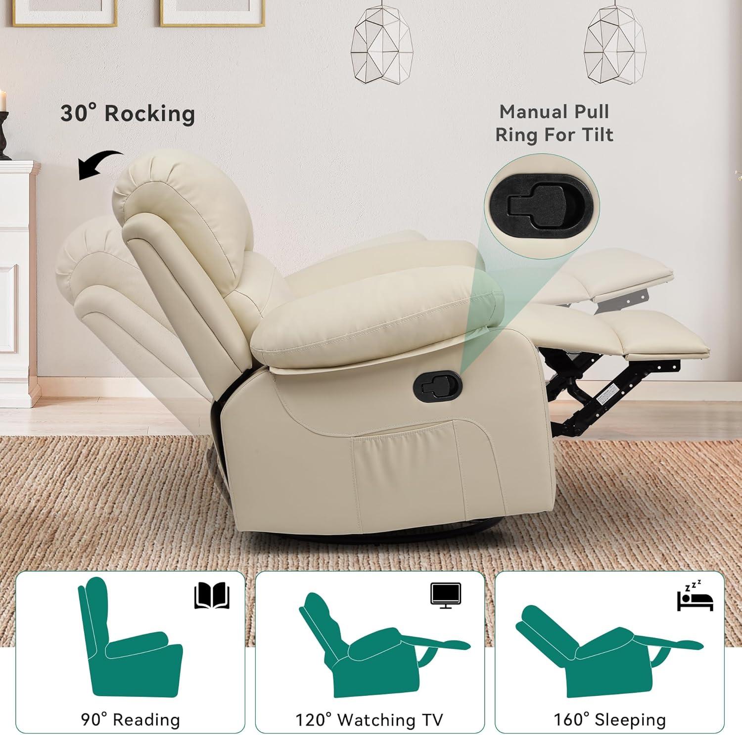 YITAHOME Oversized Rocker Recliner Chair with Heat and Massage, Lazy Boy Recliner with Overstuffed Armrest, Rocking Function and Side Pocket, Faux Leather Manual Reclining Chair for Living Room,Biege2