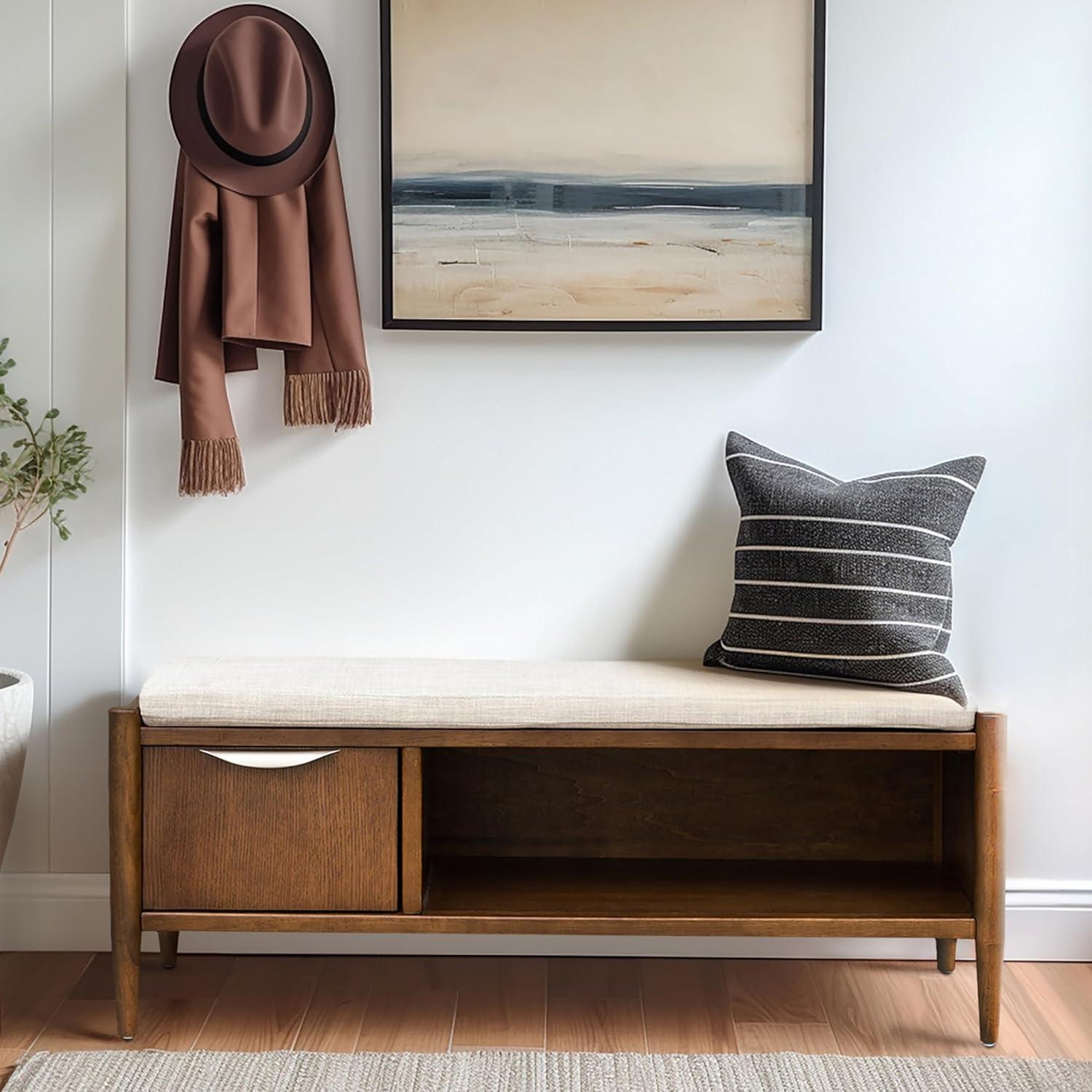 Ink+Ivy Arcadia Storage Bench: Mid-Century Modern, Removable Polyester Cushion, Wood Frame, Entryway Seating