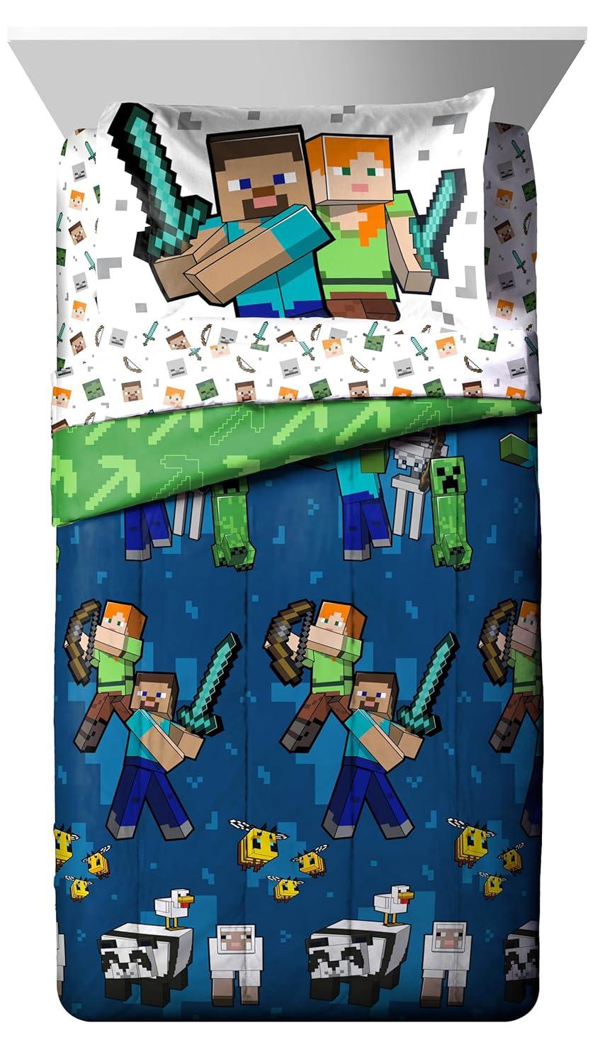 Minecraft Battle Time Blue & Green 5 Piece Twin Bed Set w/ Sham, 100% Microfiber