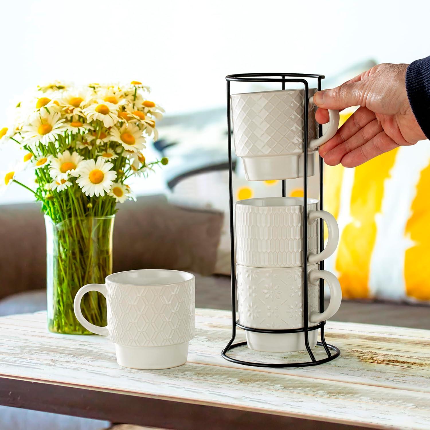 Signature Housewares Stackable Coffee Mug Tower Set with Metal Wire Rack - 15 Ounce Coffee Mugs for Coffee, Tea, Cocoa, Milk, Cappuccino, Hot Chocolate Set of 4 - White Glazed Ceramic