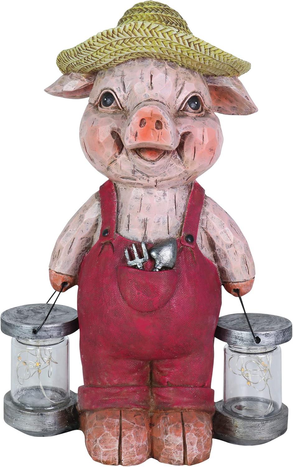 Rustic Farmhouse Pig Garden Statue with Solar LED Lights